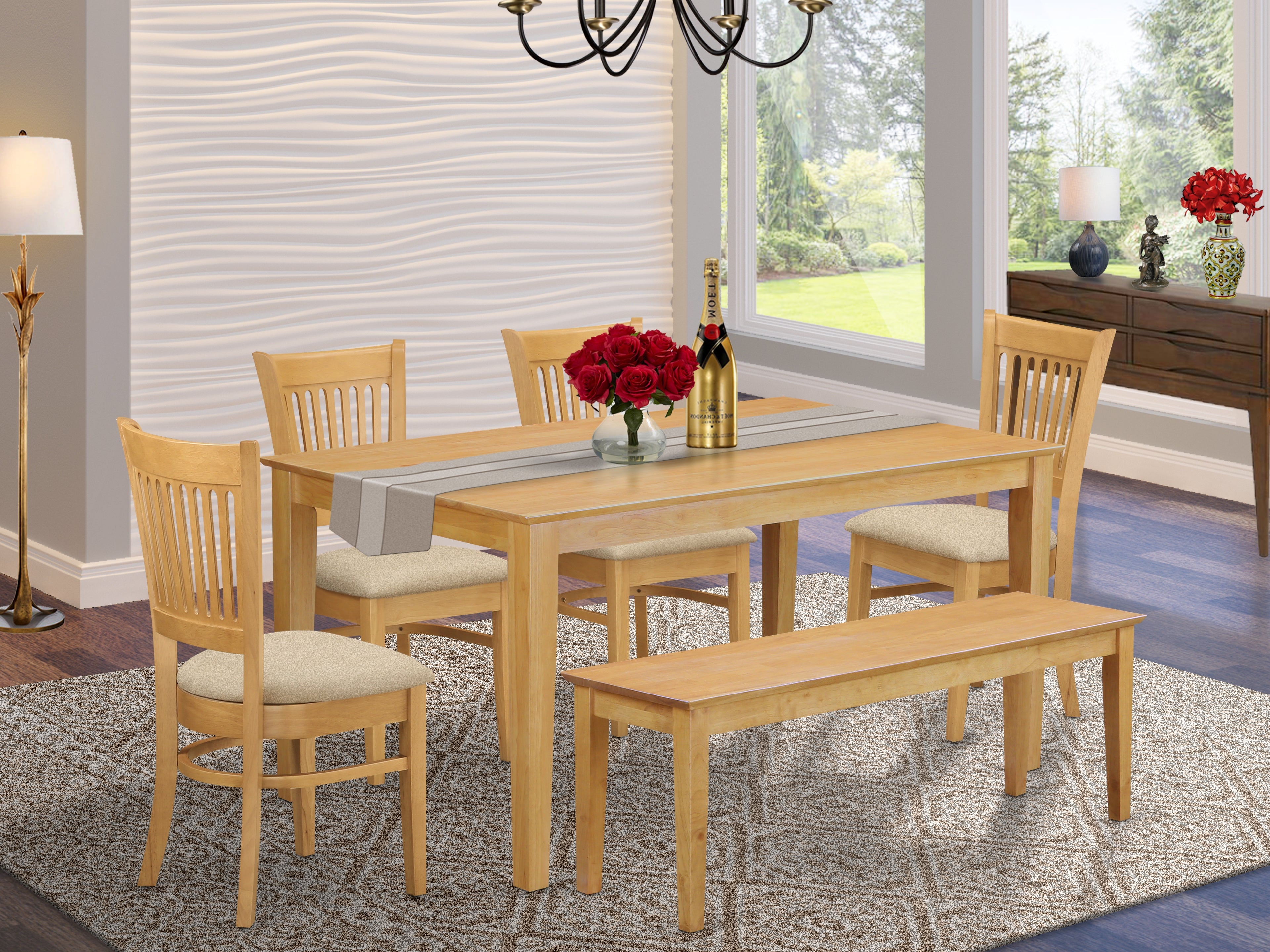 CAVA6-OAK-C 6 Pc Table set - Kitchen Table and 4 Dining Chairs combined with Wooden bench