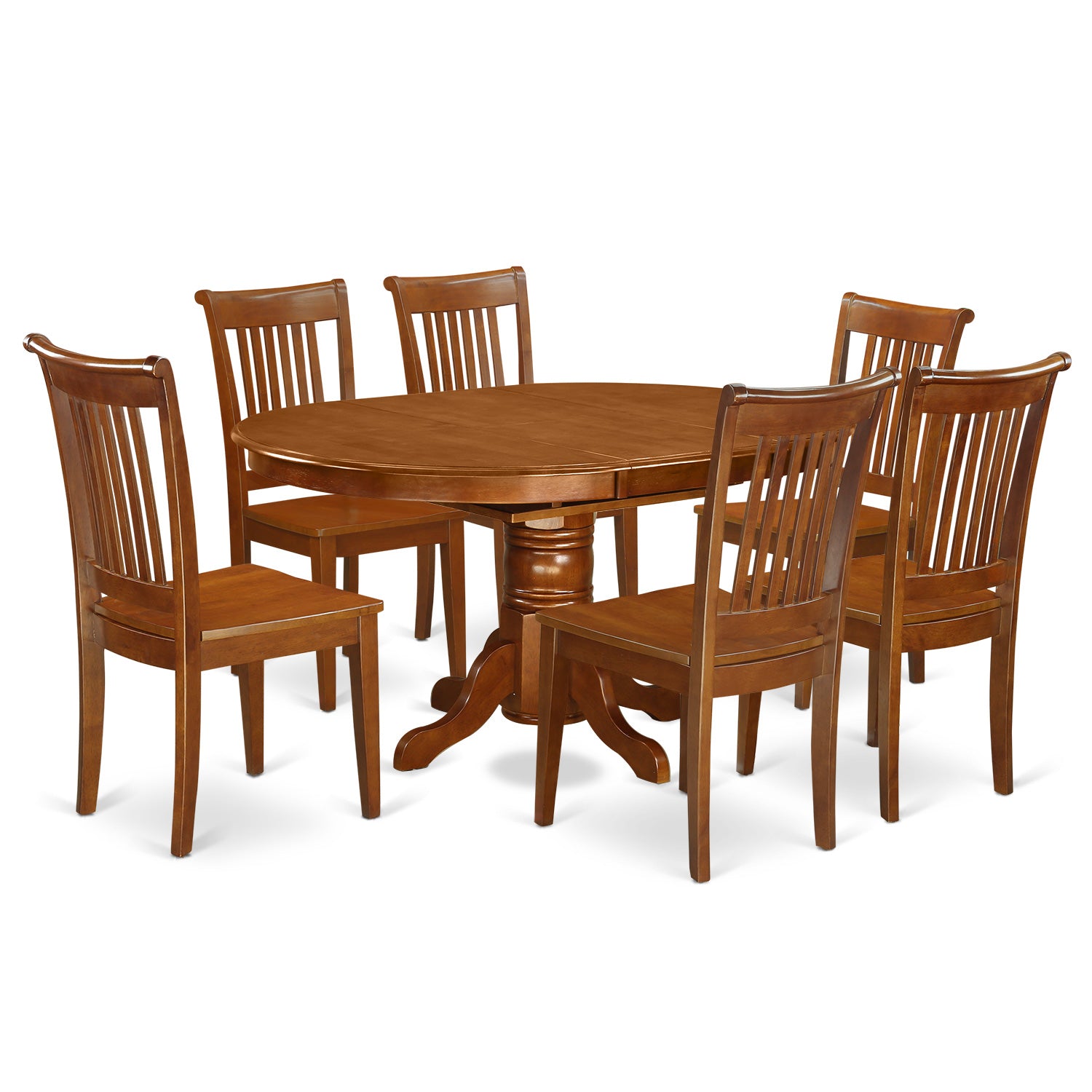 AVPO7-SBR-W 7 Pc set Avon Dinette Table with Leaf and 6 Wood Kitchen Chairs in Saddle Brown