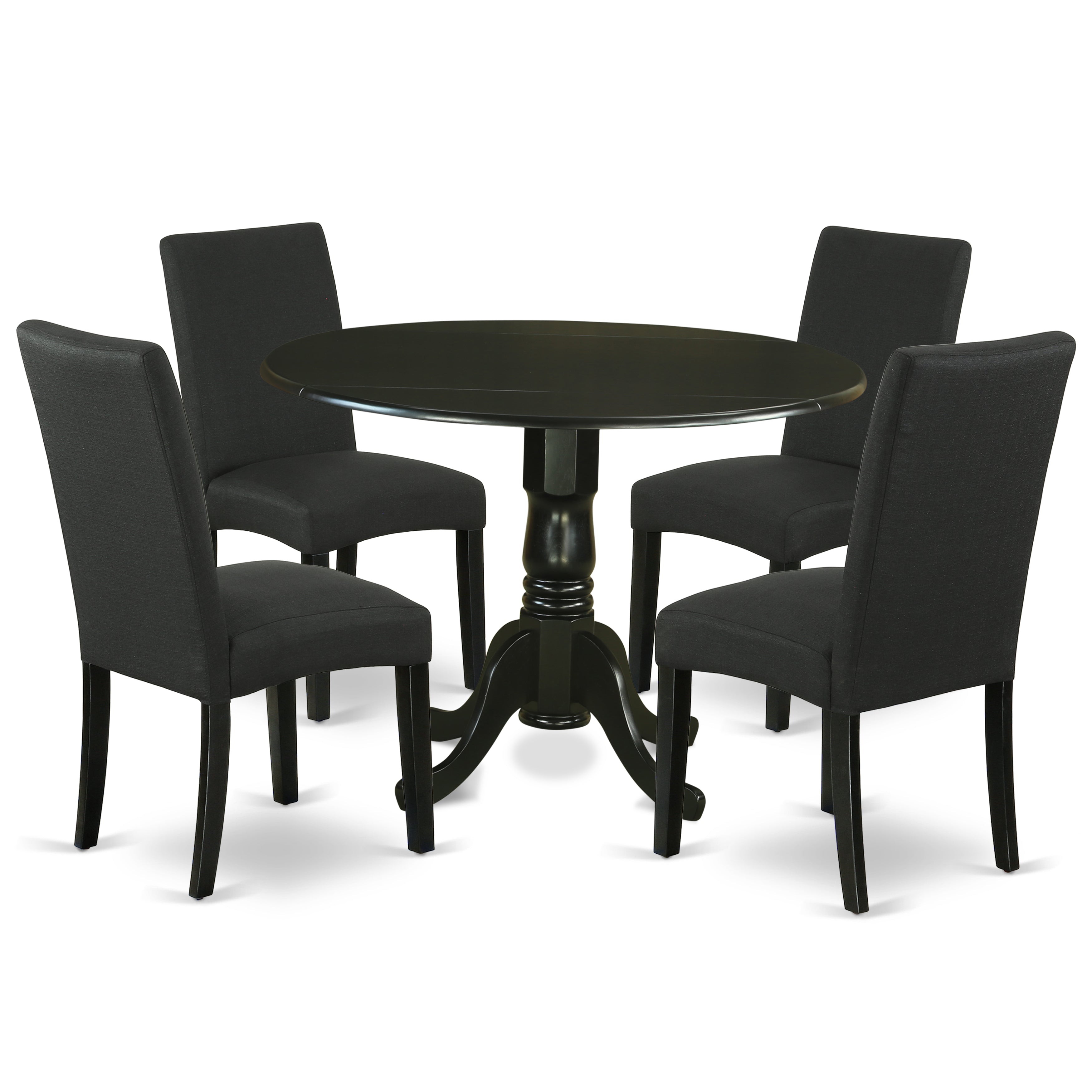 DLDR5-BLK-24 5Pc Round 42" Kitchen Table With Two 9-Inch Drop Leaves And Four Parson Chair With Black Finish Leg And Linen Fabric- Black Color