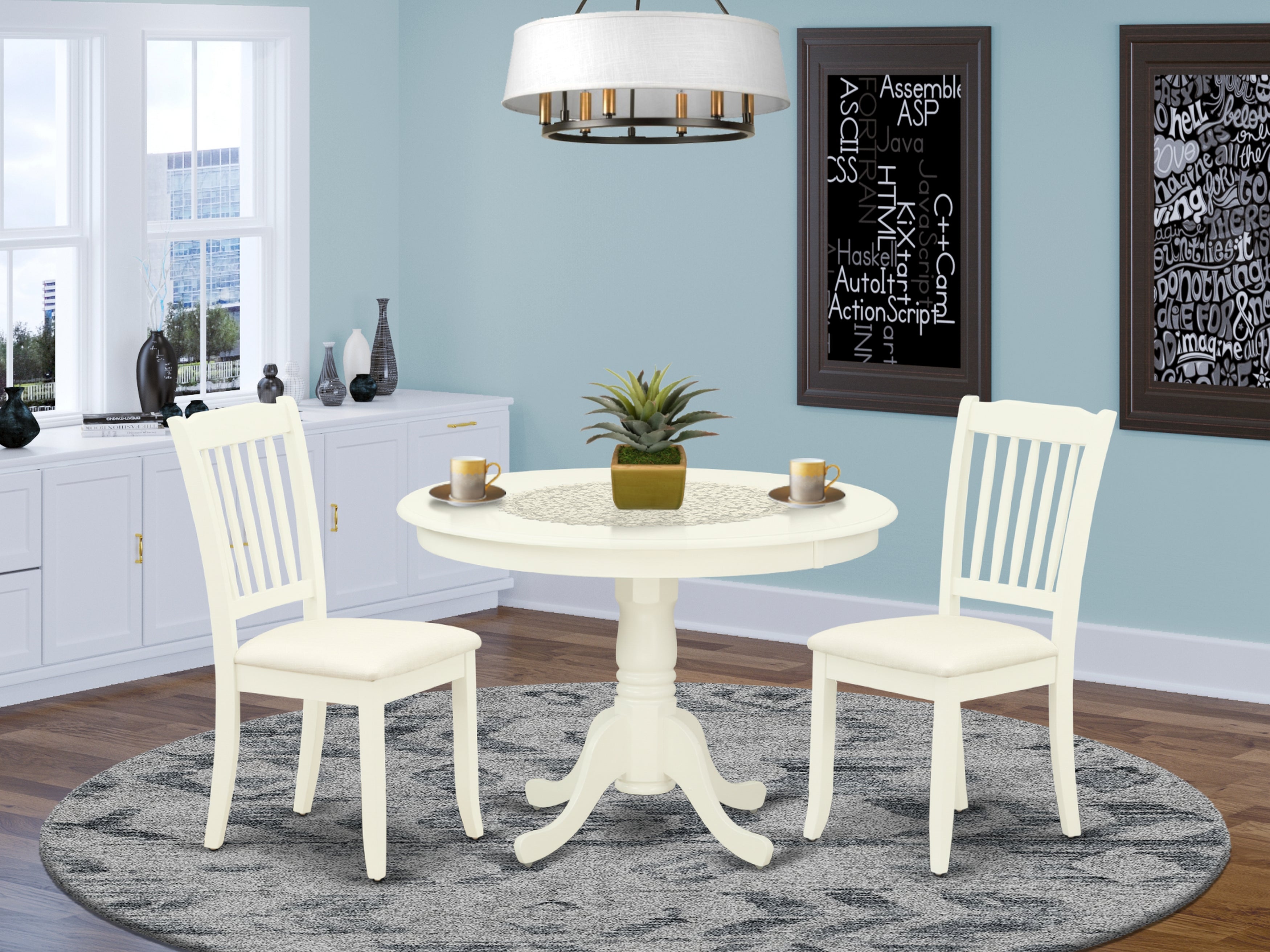 HLDA3-LWH-C 3Pc Dinette Set Includes a Rounded Kitchen Table and Two Vertical Slatted Microfiber Seat Dining Chairs, Linen White Finish