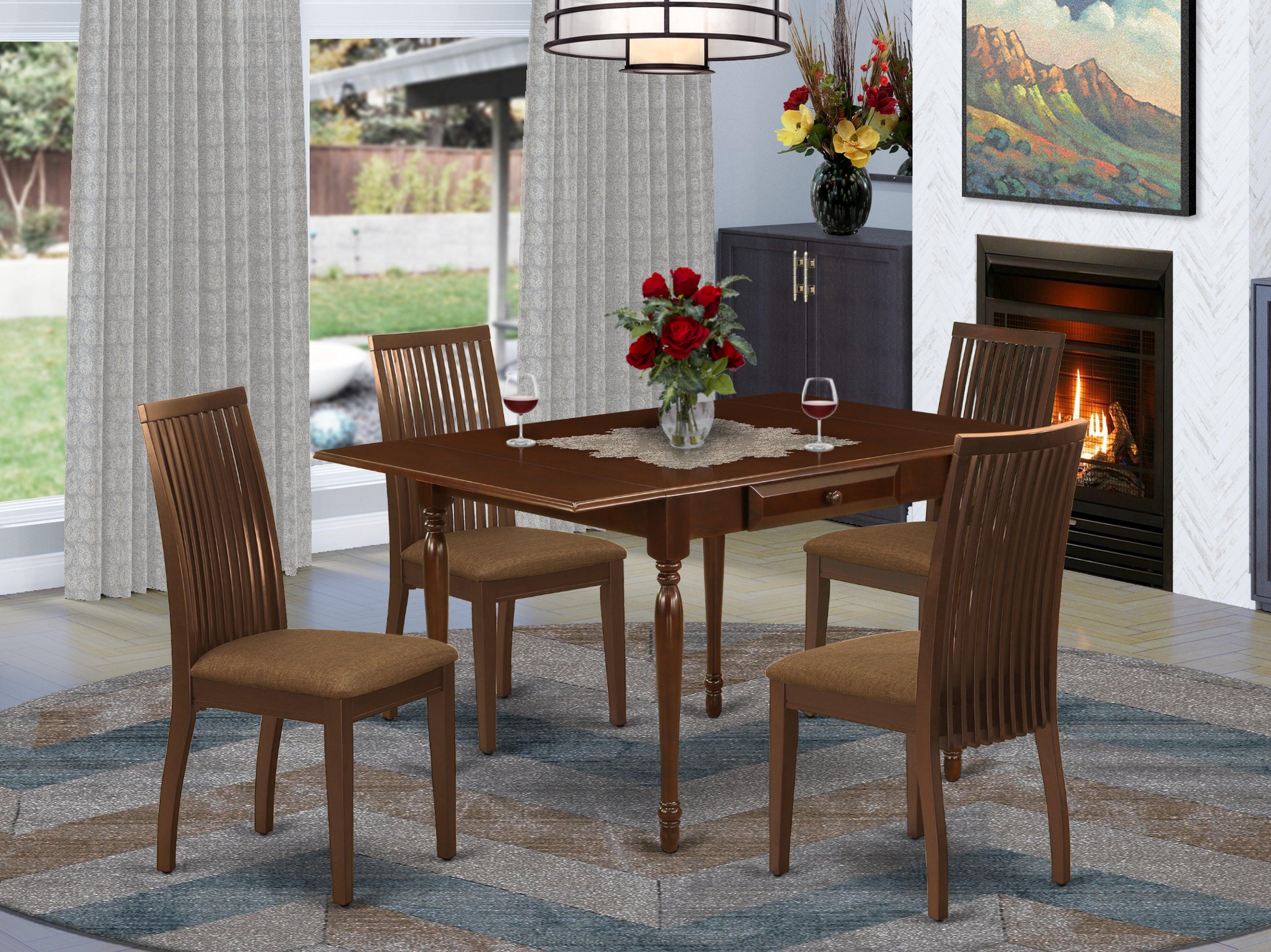 East West Furniture MZIP5-MAH-C 5 Pieces Kitchen Table set - Strong Drop Leaf Real Wood Kitchen Table and 4 Microfiber Upholstery Seat Kitchen Dining Chairs, Mahogany Finish