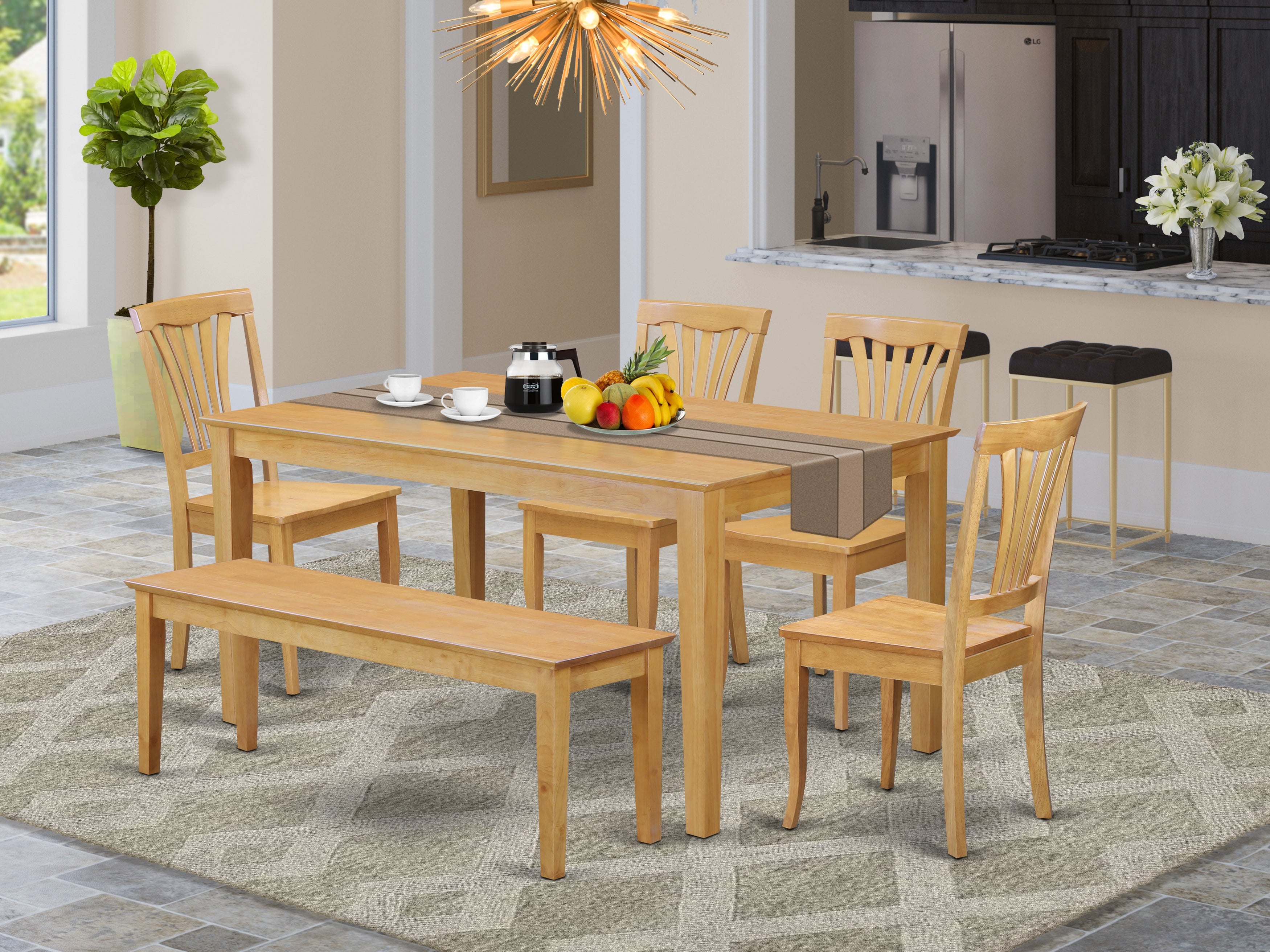 CAAV6-OAK-W 6-Pc Kitchen table set for 6 - Kitchen dinette Table and 4 Kitchen Chairs with bench