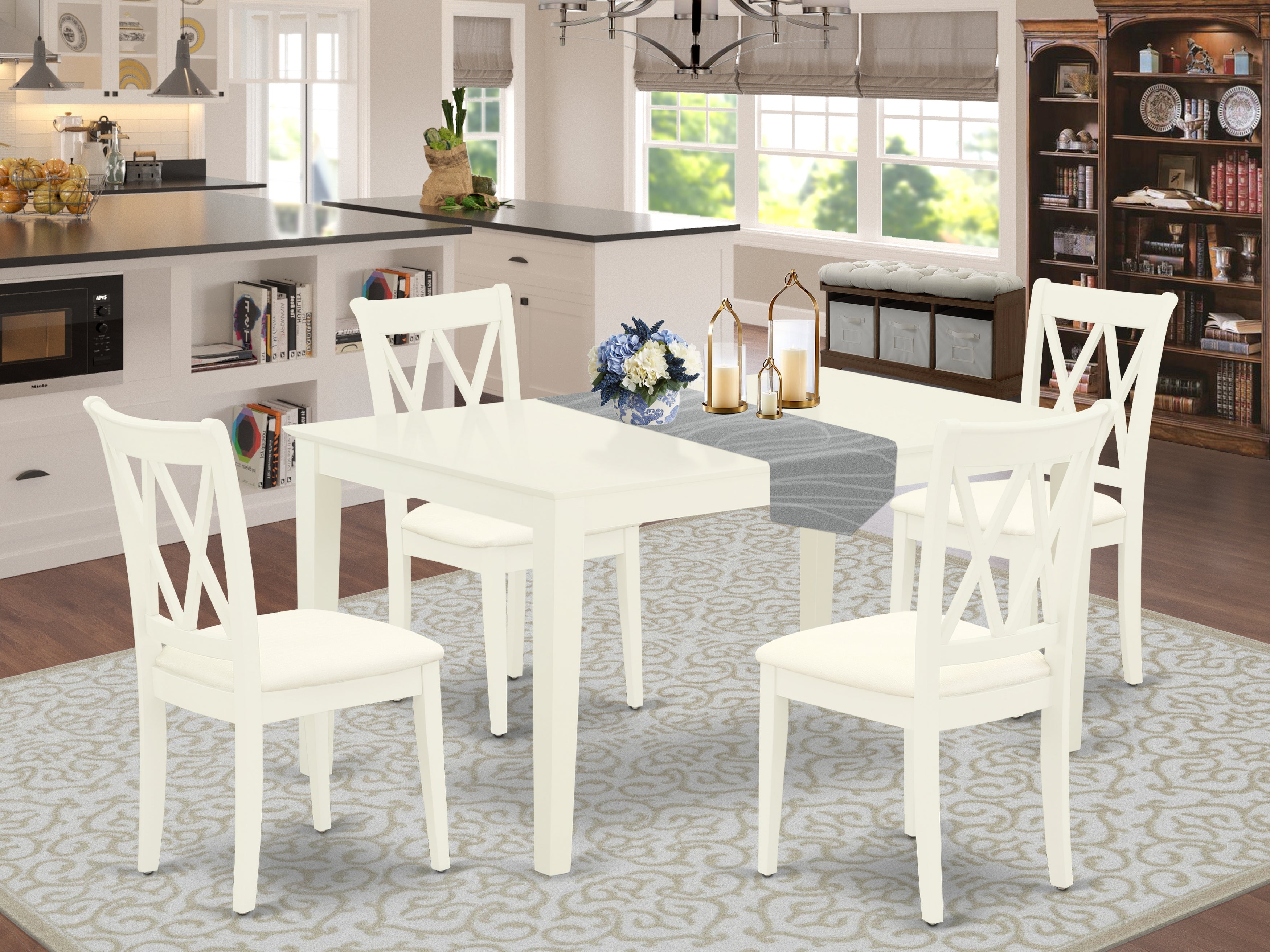 CACL5-LWH-C 5Pc Dining Set Includes a Rectangle Dinette Table and Four Double X Back Microfiber Seat Kitchen Chairs, Linen White Finish