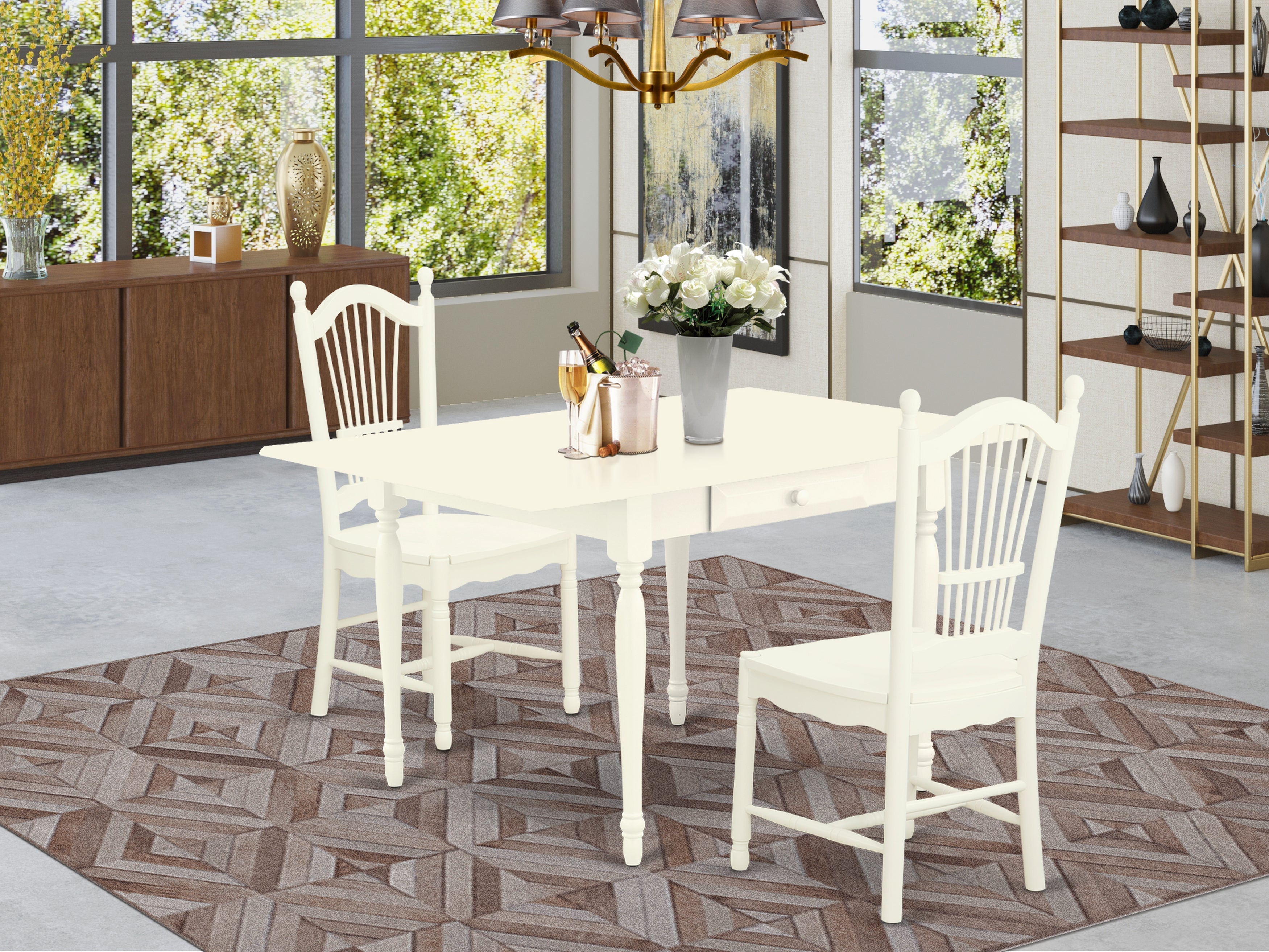East West Furniture MZDO3-LWH-W 3Pc Dinette Sets for Small Spaces Consists of a Rectangle Table and 2 Kitchen Chairs with Solid Wood Seat, Drop Leaf Table with Panel Back Chairs, Linen White Finish