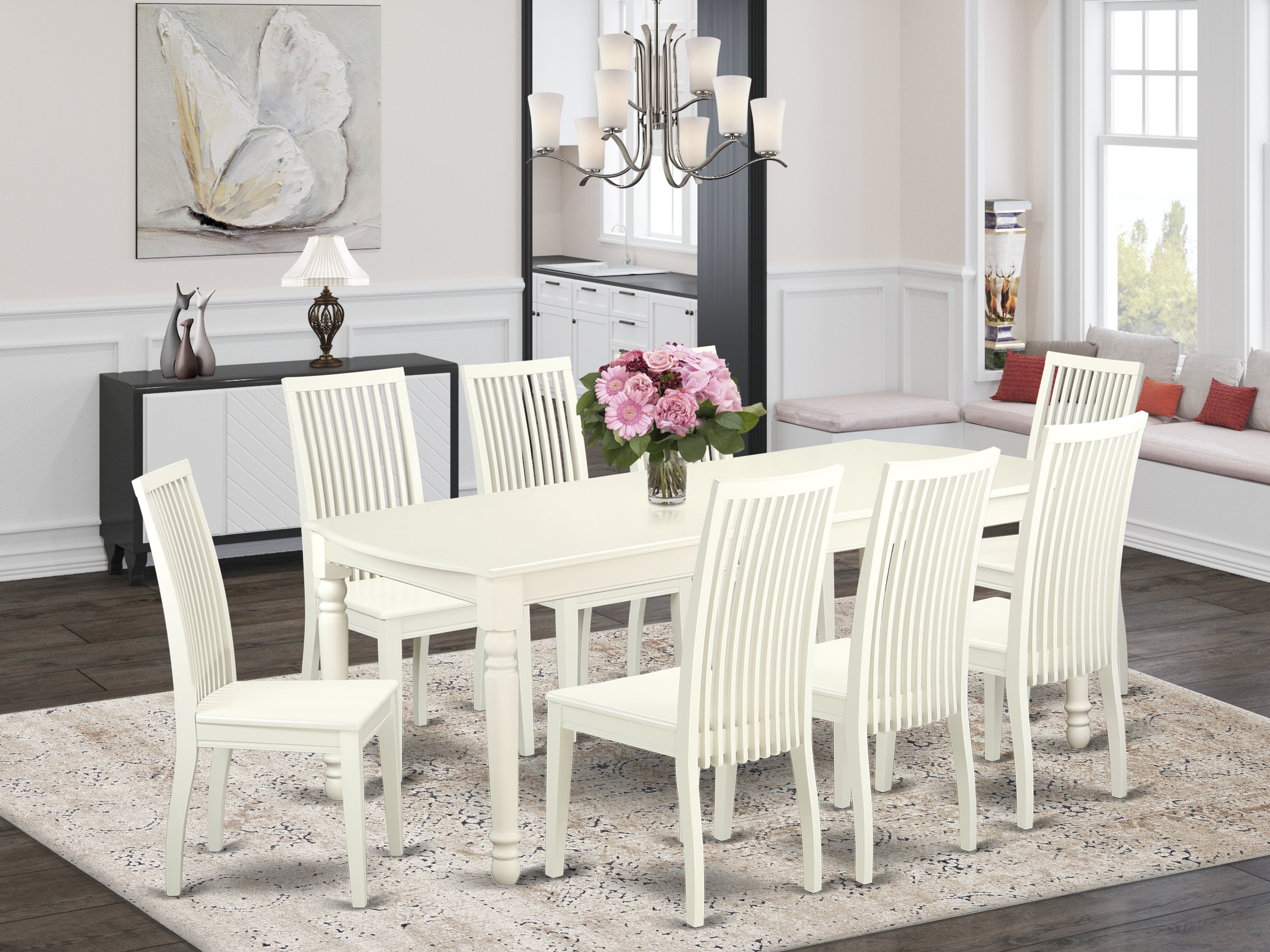 DOIP9-LWH-W 9 PC kitchen tables and chair set with one Dover dining table and 8 kitchen chairs in a Linen White Finish