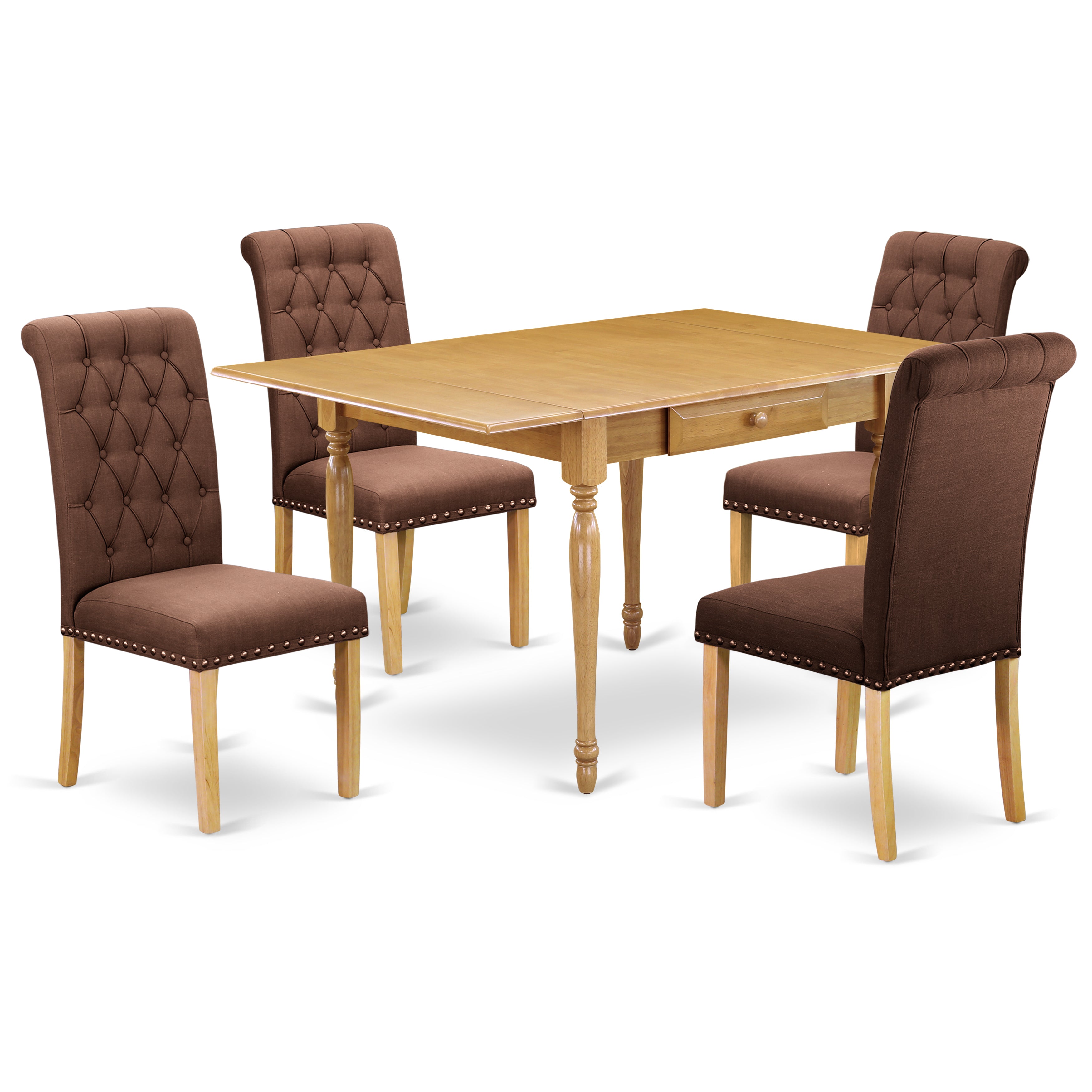 East West Furniture MZBR5-OAK-19 5Pc Wood Dining Table Set Offers a Dining Room Table and 4 Parsons Chairs with Chocolate Color Linen Fabric, Drop Leaf Table with Full Back Chairs, Oak Finish