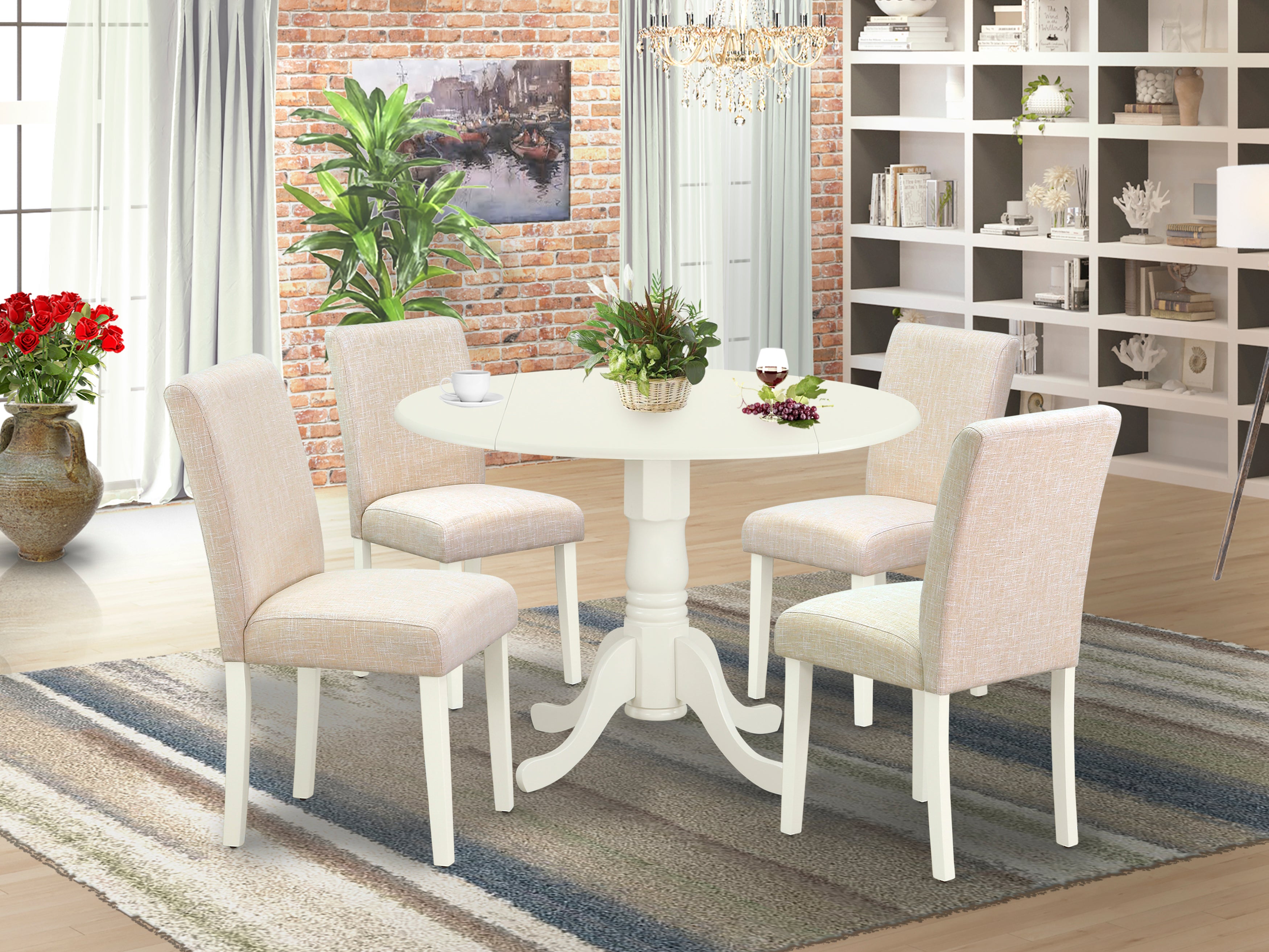 DLAB5-LWH-02 5Pc Round 42" Kitchen Table With Two 9-Inch Drop Leaves And Four Parson Chair With Linen White Leg And Linen Fabric Light Beige