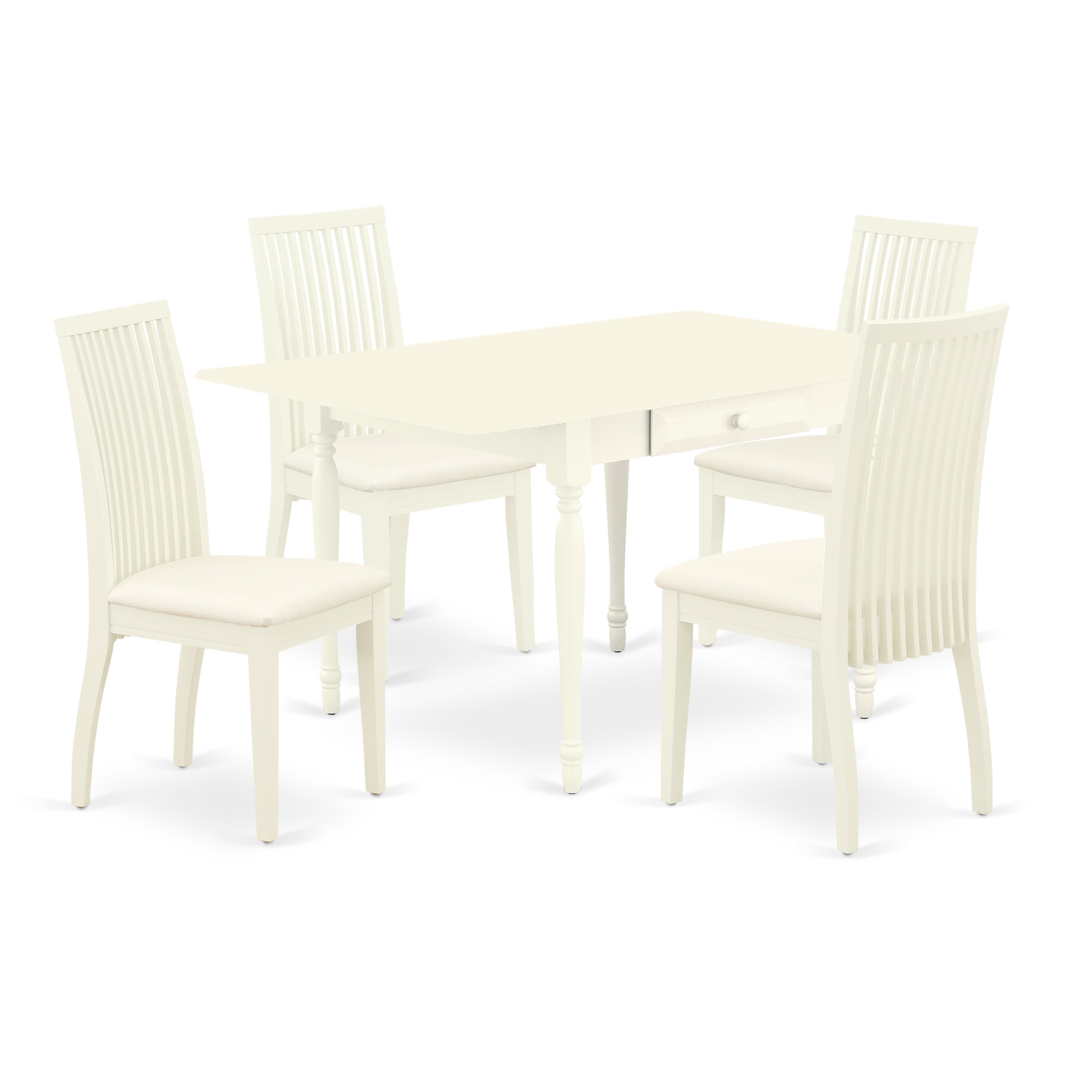 East West Furniture MZIP5-LWH-C 5 Pieces Dining Table set - Strong Drop Leaf Wooden Dining Room Table and 4 Microfiber Upholstery Seat Dining Room Chairs, Linen White Finish