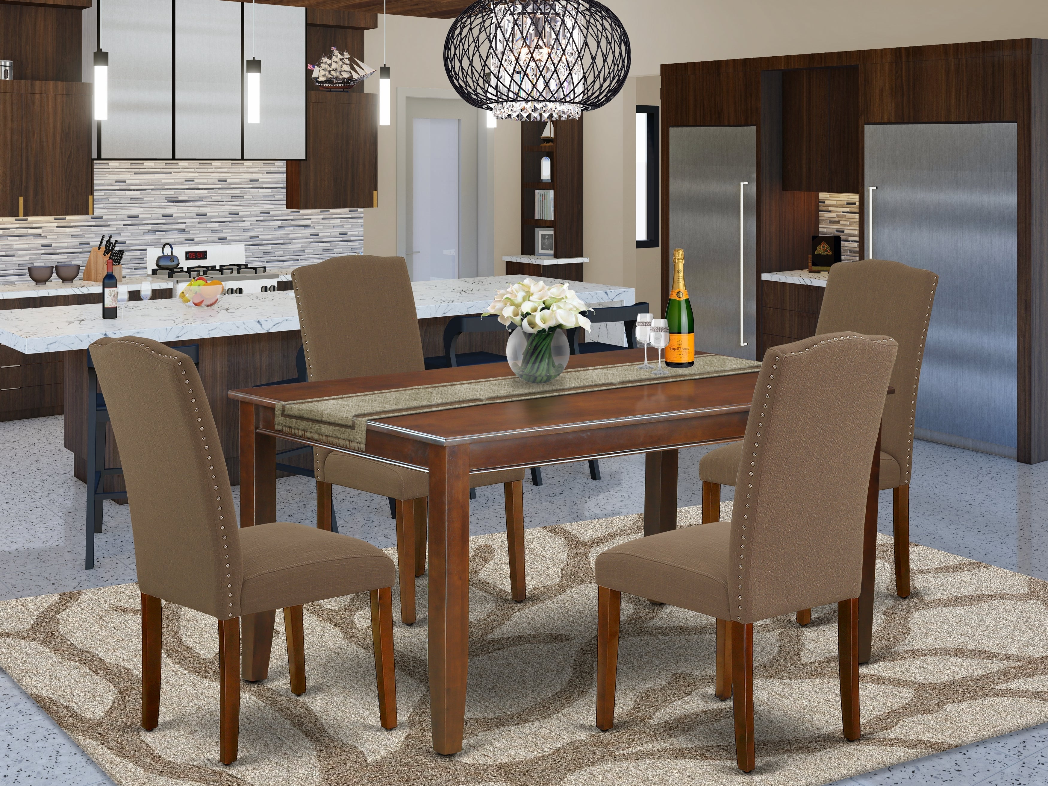 DUEN5-MAH-18 5Pc Rectangle 60 Inch Dining Table And Four Parson Chair With Mahogany Leg And Linen Fabric Dark Coffee