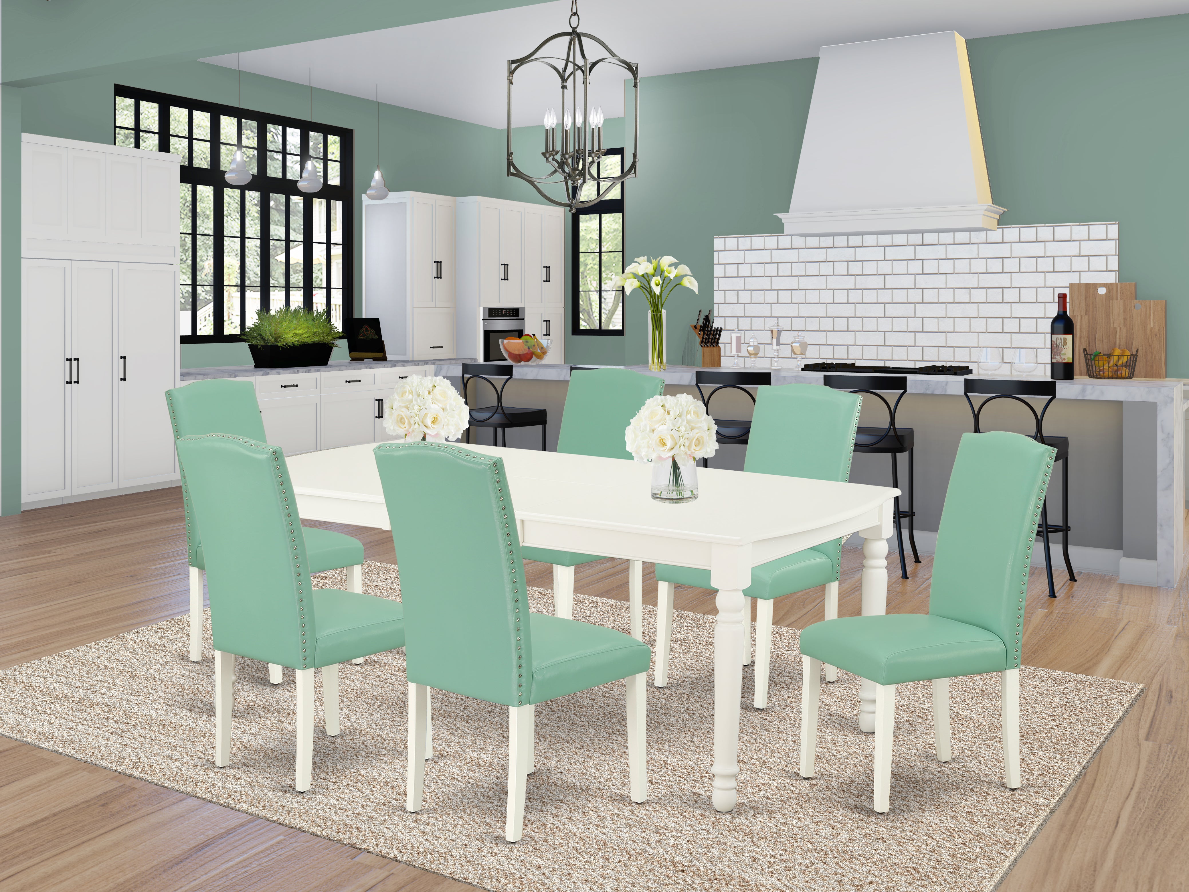 DOEN7-LWH-57 7Pc Rectangle 60/78 Inch Table With 18 In Leaf And 6 Parson Chair With Linen White Leg And Pu Leather Color Pond