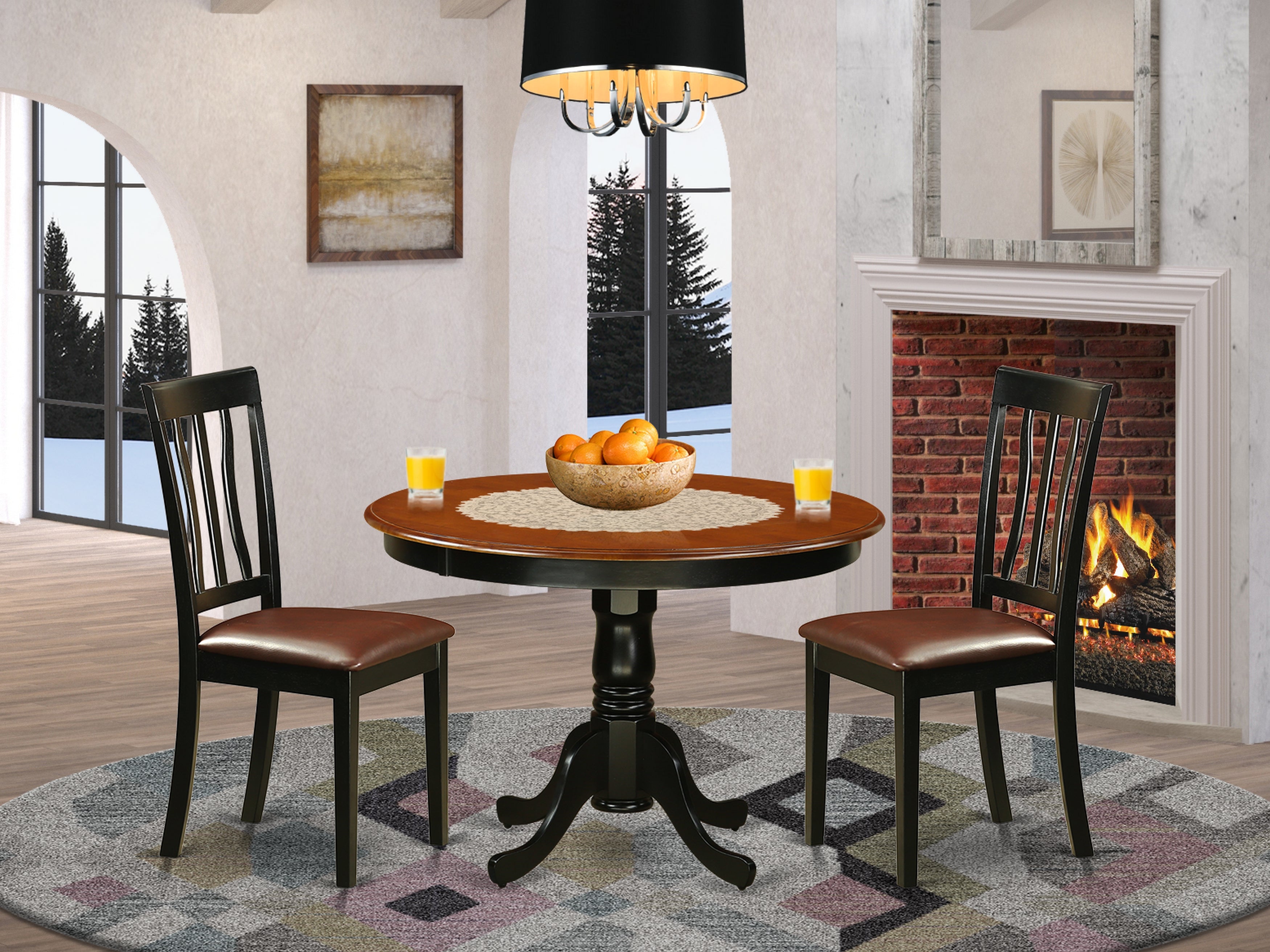 HLAN3-BCH-LC 3 Pc set with a Round Dinette Table and 2 Leather Kitchen Chairs in Black