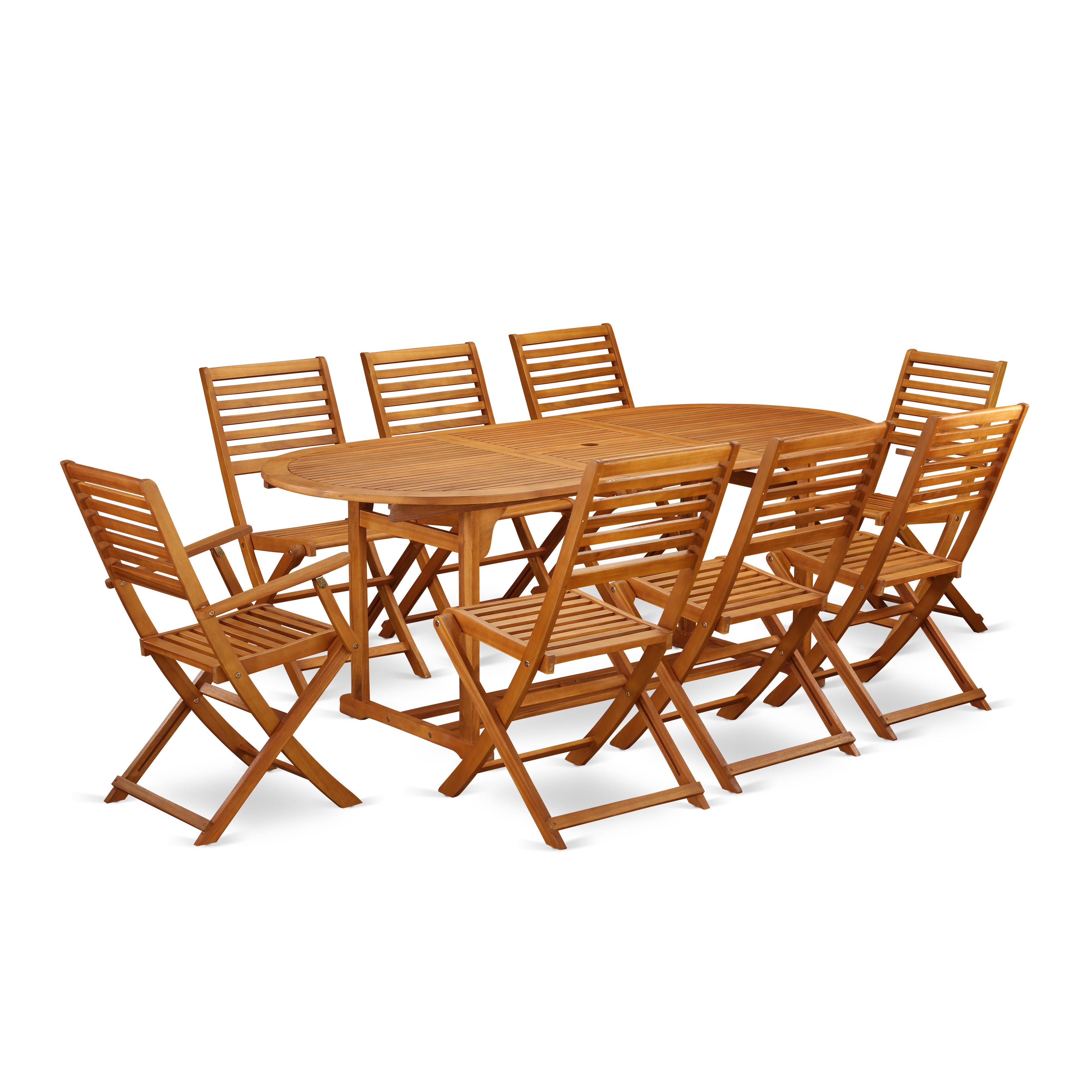 BSBS92CANA This 9 Piece Acacia Solid wood Patio area Dining Sets provides you one particular Outdoor-Furniture table and 6 foldable chairs plus Two arm chairs