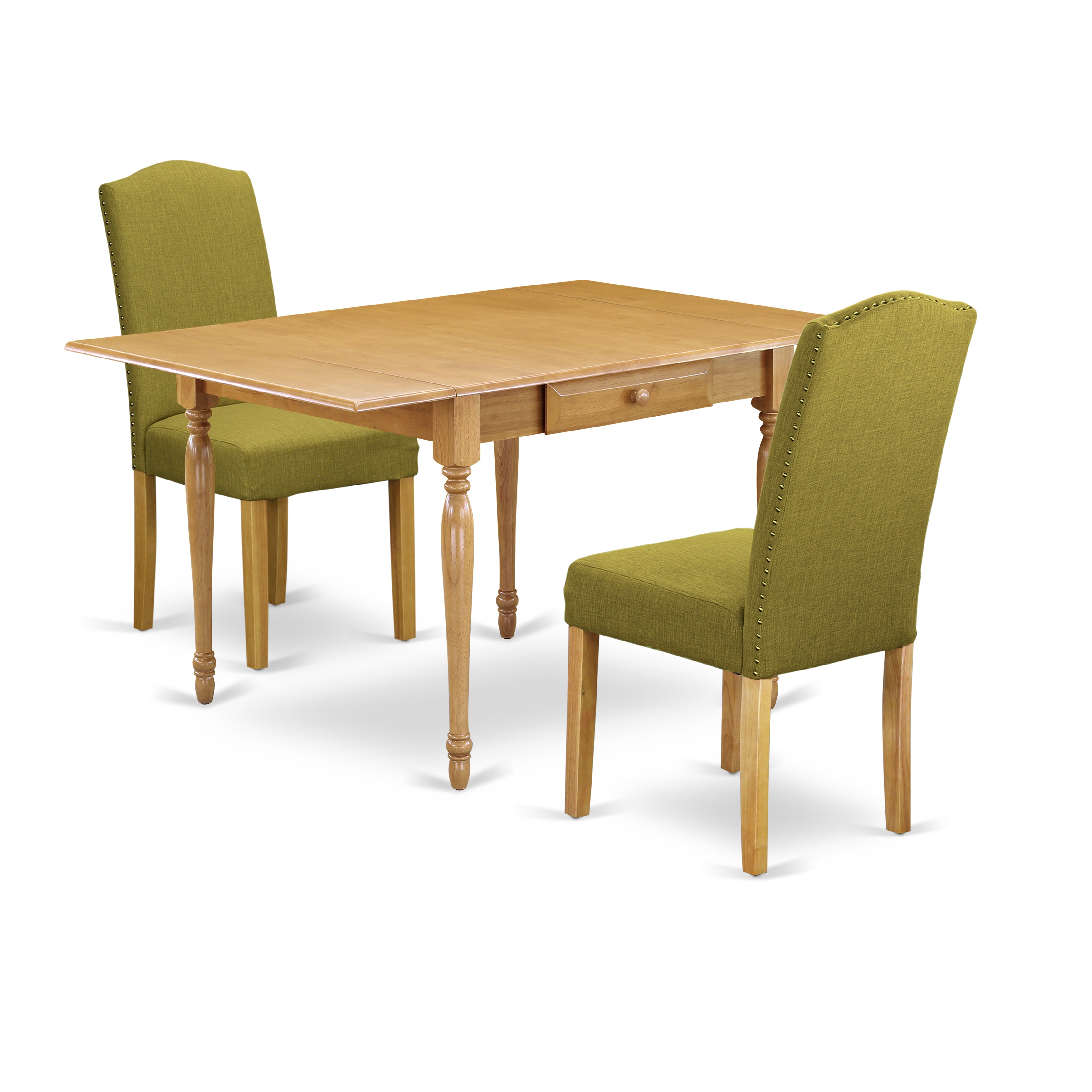 East West Furniture MZEN3-OAK-08 3Pc Kitchen Set Offers a Small Table and 2 Parsons Chairs with Light Pickle Color Linen Fabric, Drop Leaf Table with Full Back Chairs, Oak Finish