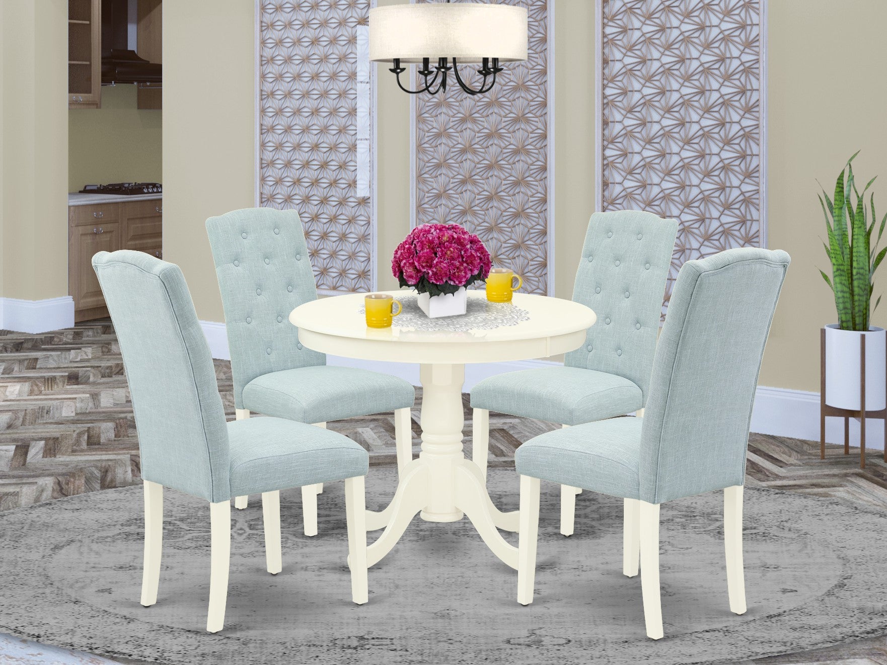 ANCE5-LWH-15 5Pc Dining Set Includes a Small Round Dinette Table and Four Parson Chairs with Baby Blue Fabric, Linen White Finish