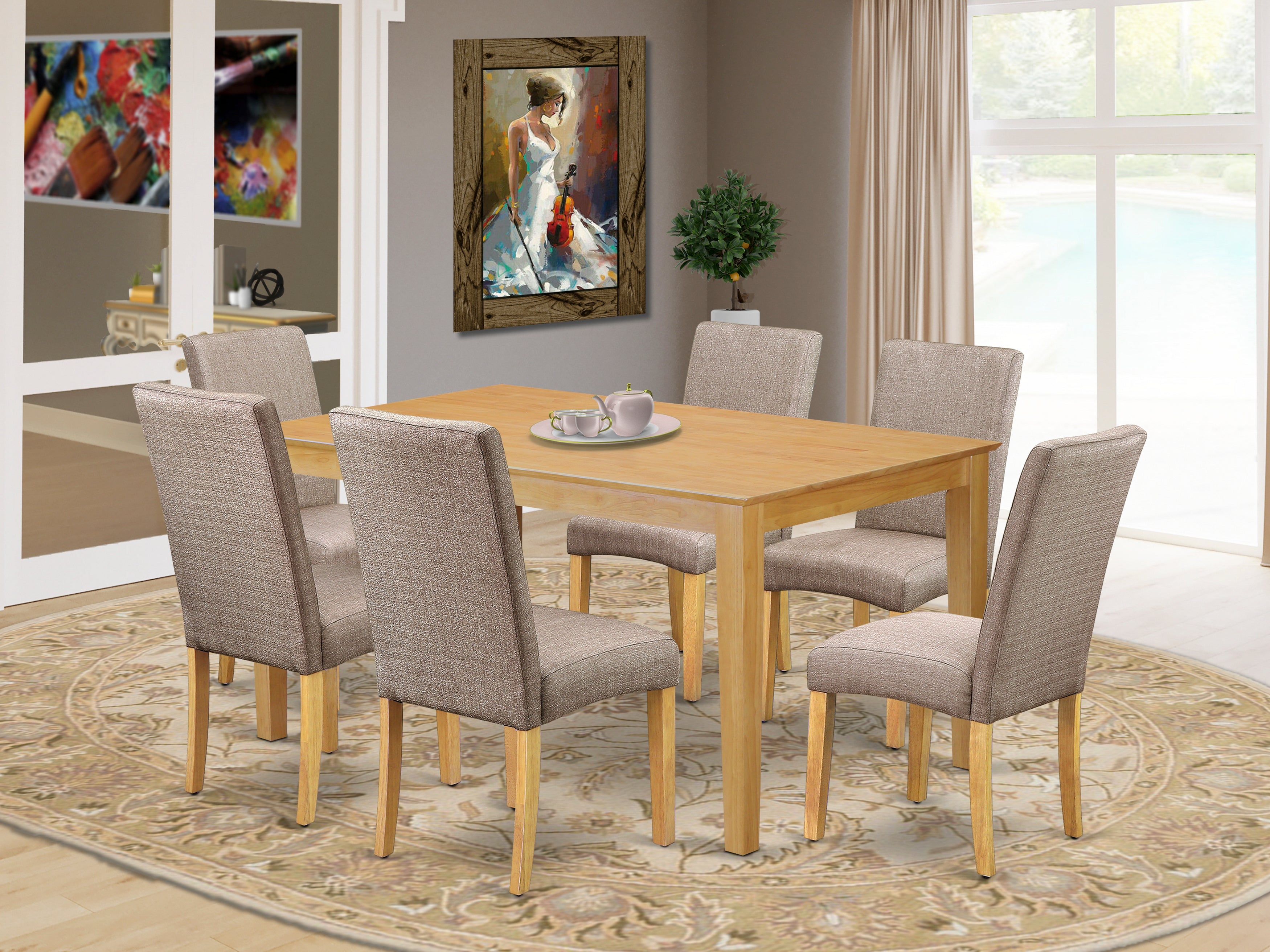 CADR7-OAK-16 7Pc Rectangle 60" Dining Table And 6 Parson Chair With Oak Finish Leg And Linen Fabric- Dark Khaki Color