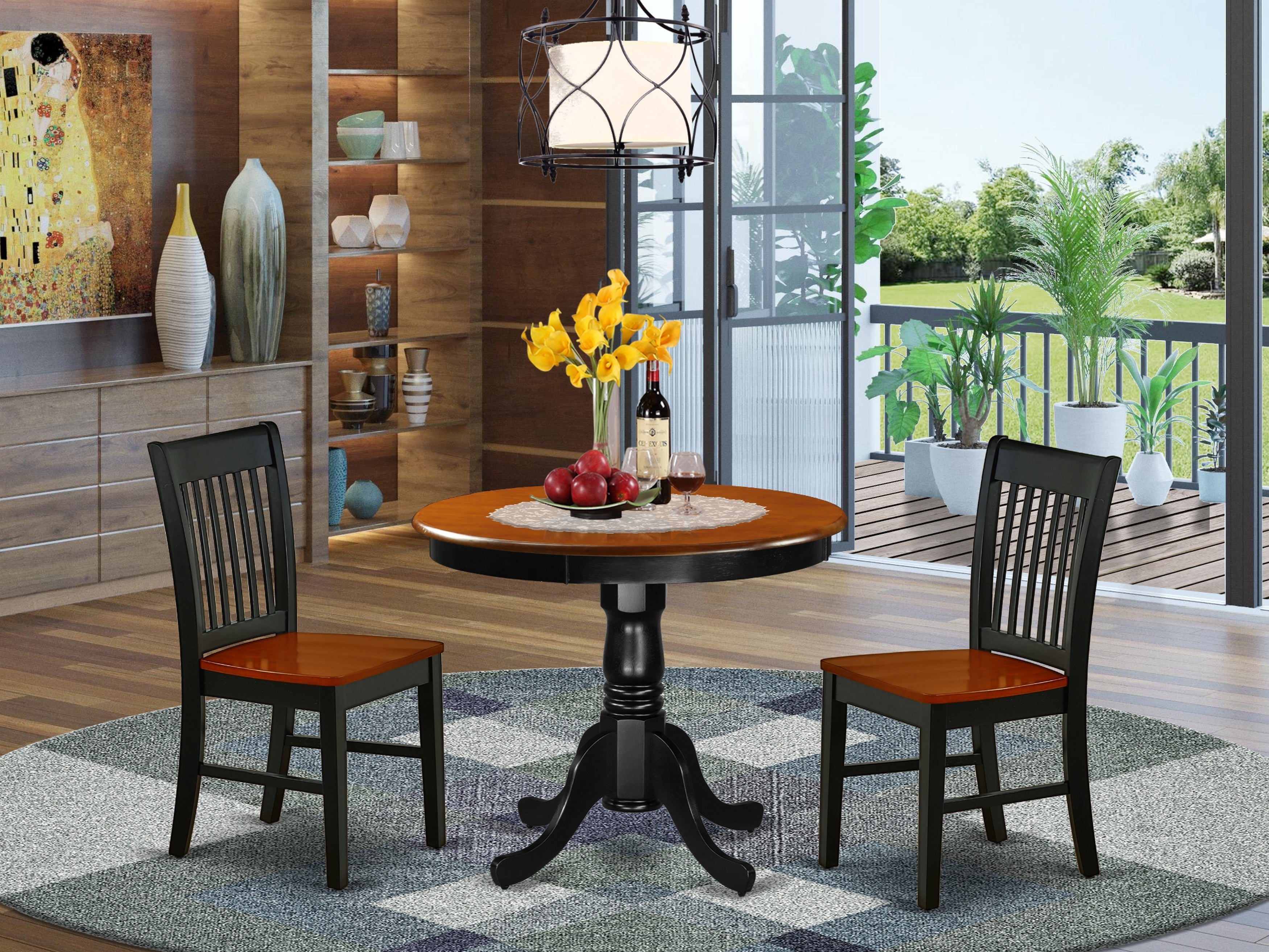 ANNO3-BCH-W 3Pc Rounded 36 Inch Family Table And Two Solid Wood Seat Kitchen Chairs