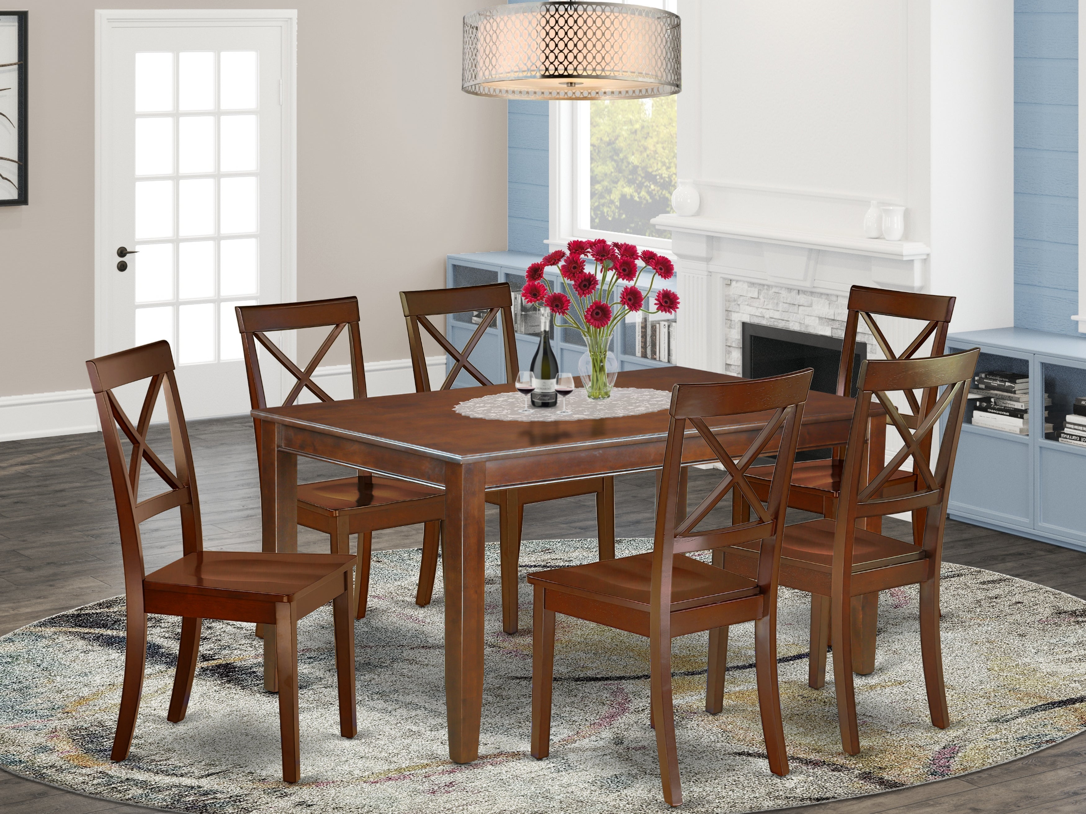 DUBO7-MAH-W 7Pc Rectangle 60 Inch Dining Table And Six Wood Seat Chairs