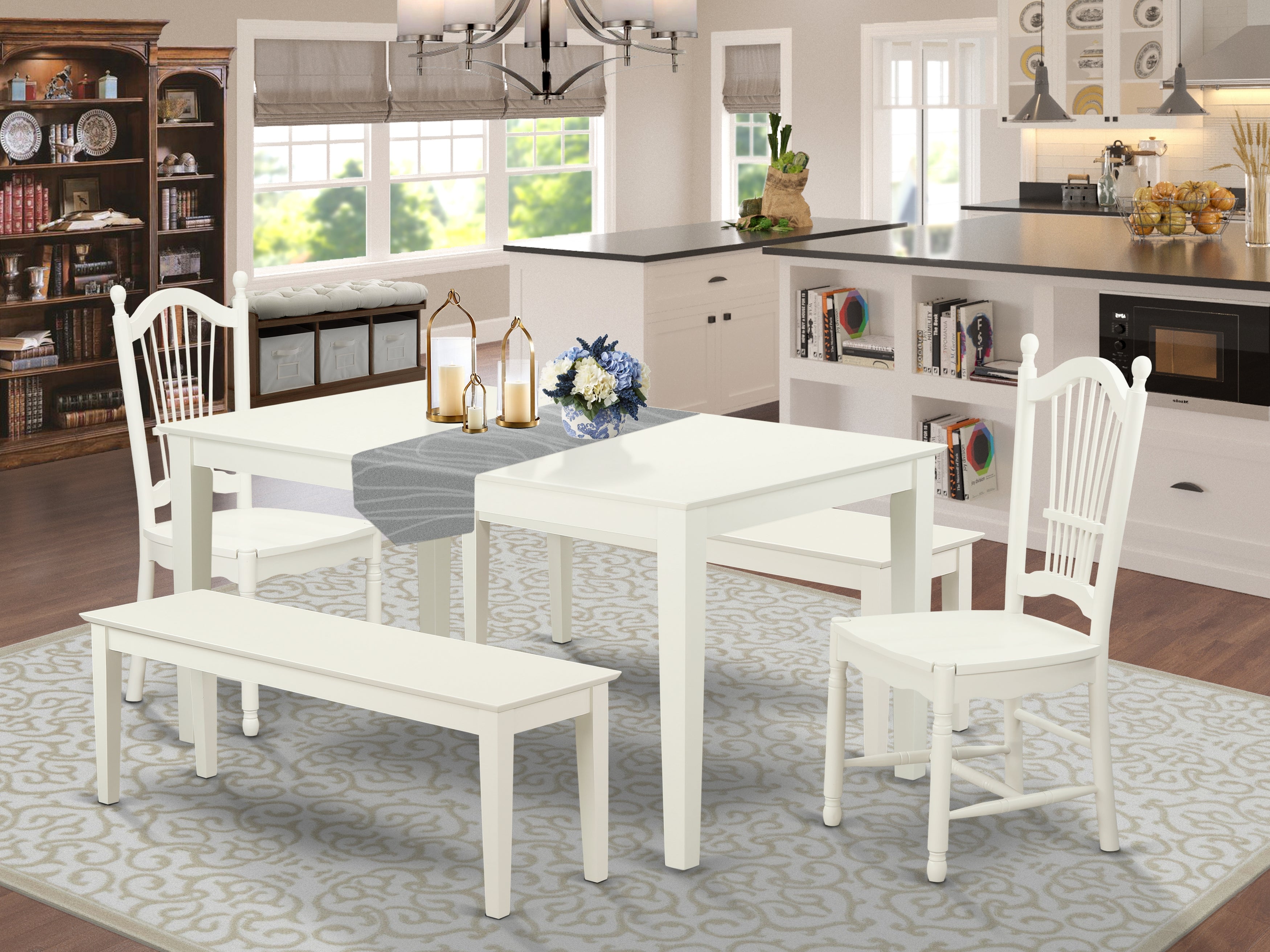 CADO5C-LWH-W 5 Piece dining table set for 6-Dining room table and 2 Wood Seat Chairs and 2 Benches in Linen White