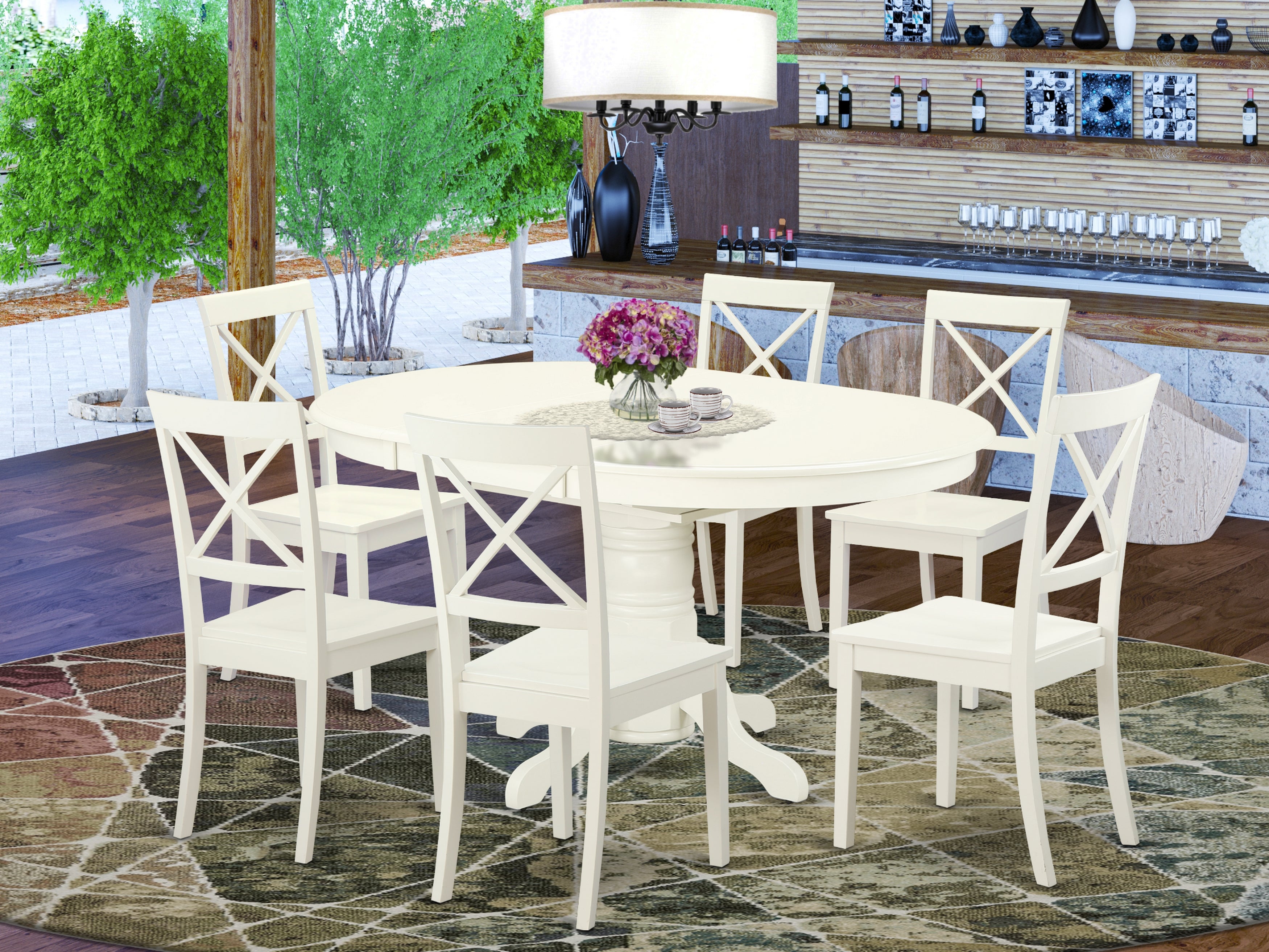 AVBO7-LWH-W 7 Pc Dining set with a Kitchen Table and 6 Wood Seat Kitchen Chairs in Linen White