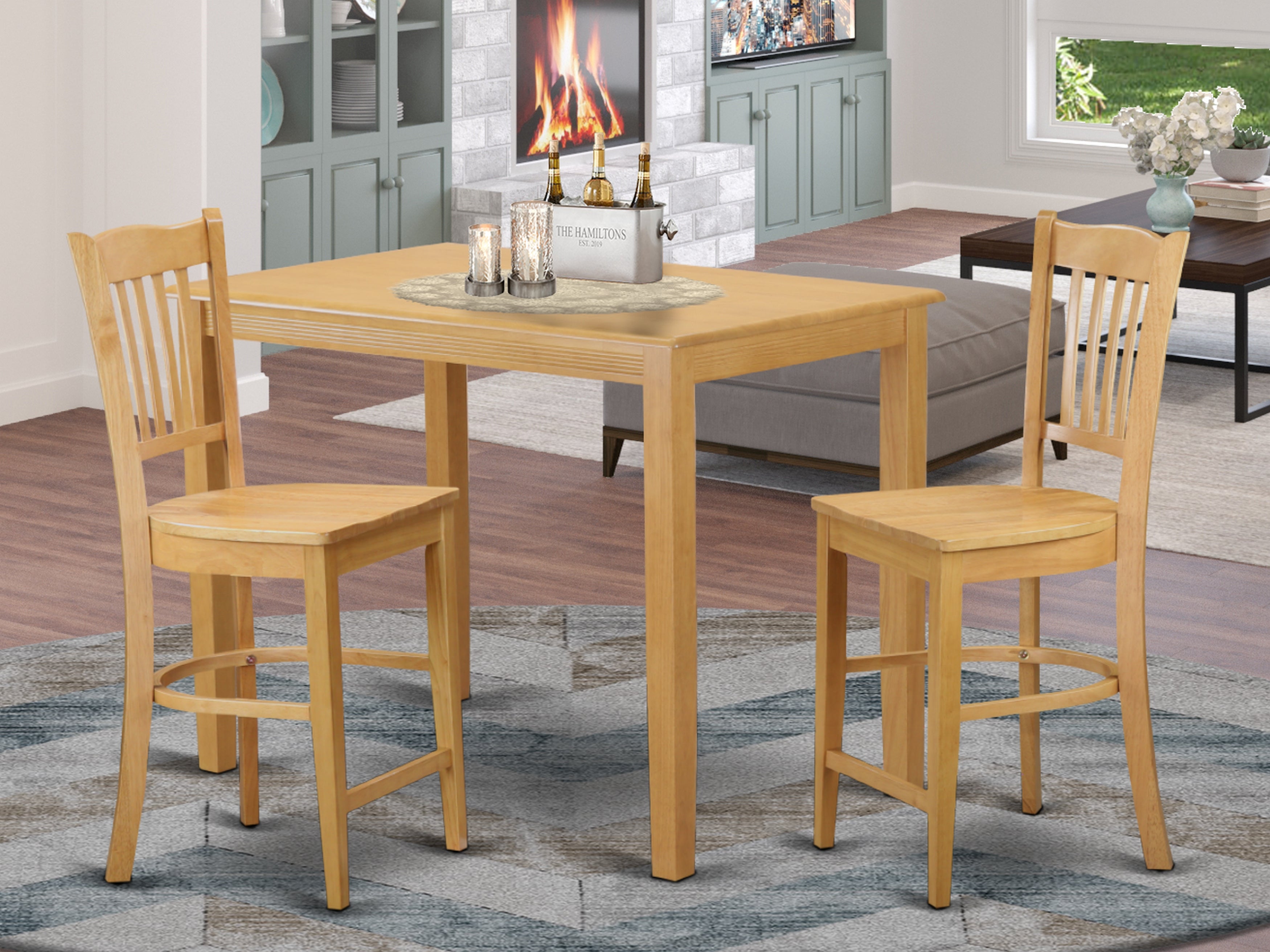 3 Pc Counter Height Dining Table and 2 Kitchen Chairs In Oak Finish.