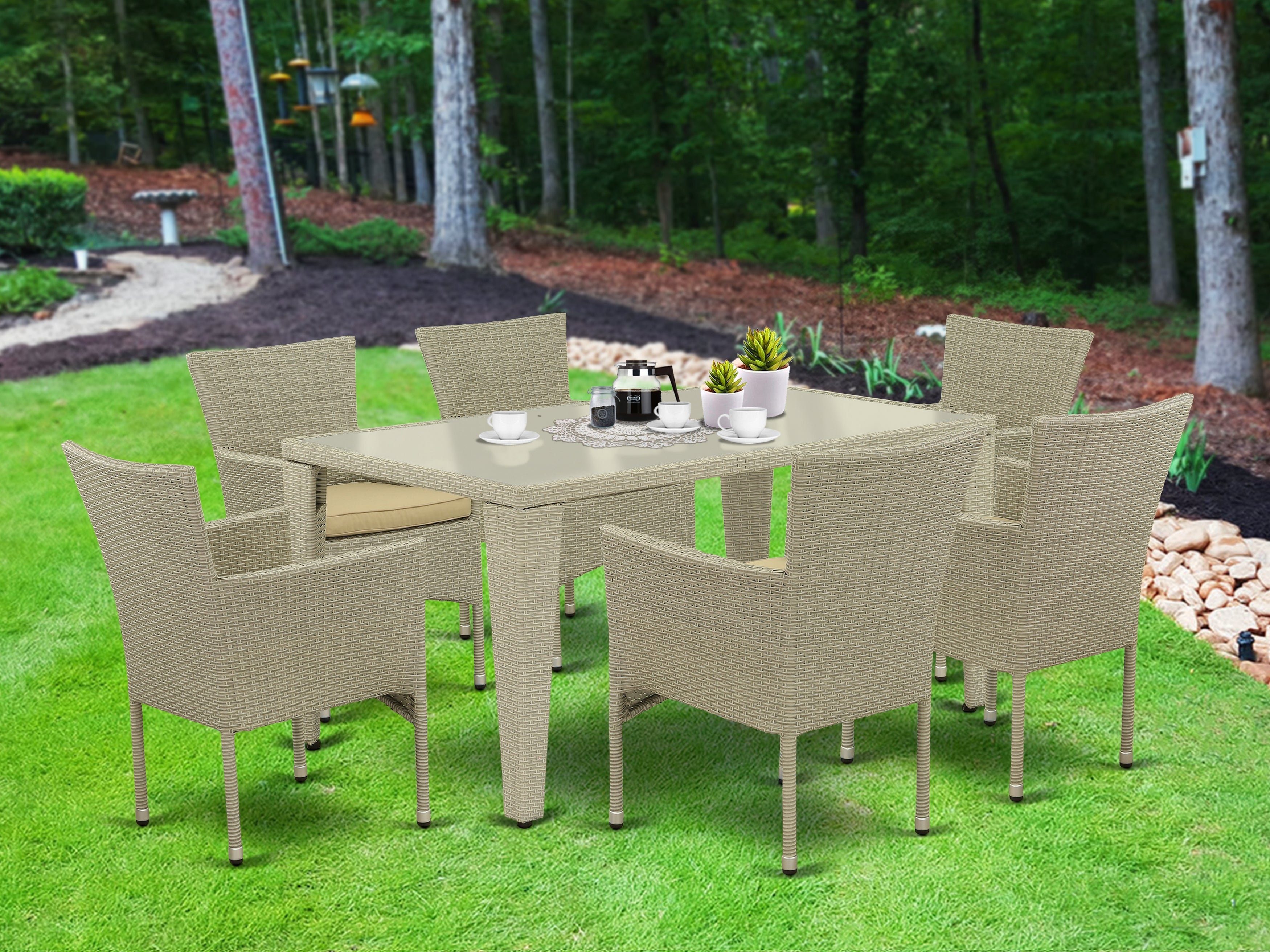 GUBK7-03A 7Pc Outdoor-Furniture Natural Color Wicker Dining Set Includes a Patio Table and 6 Balcony Backyard Armchair with Linen Fabric Cushion