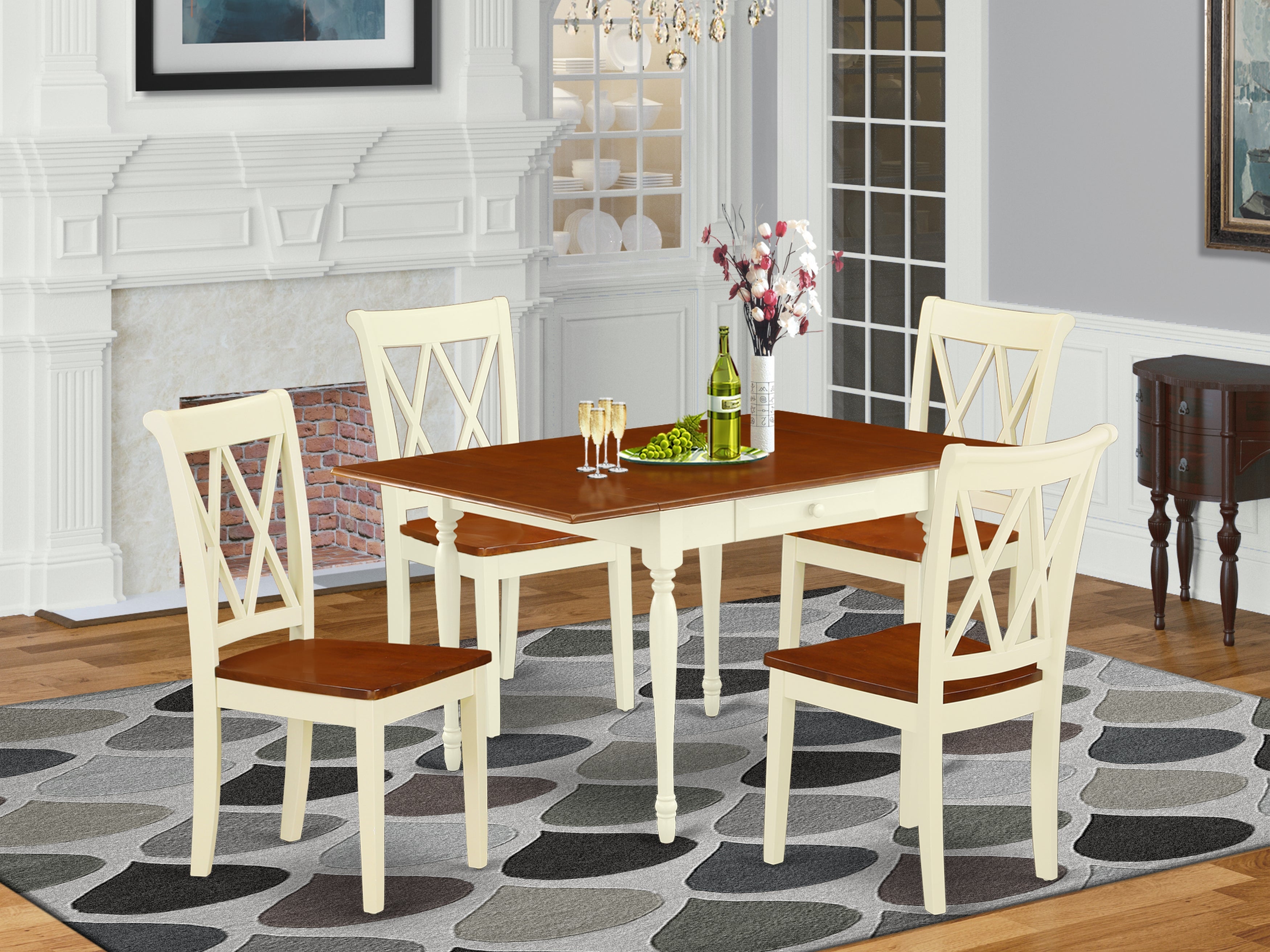 East West Furniture MZCL5-WHI-W 5Pc Dining Set Includes a Dinette Table and 4 Dining Chairs with Wooden Seat, Drop Leaf Table with Double X Back Chairs, Buttermilk and Cherry Finish