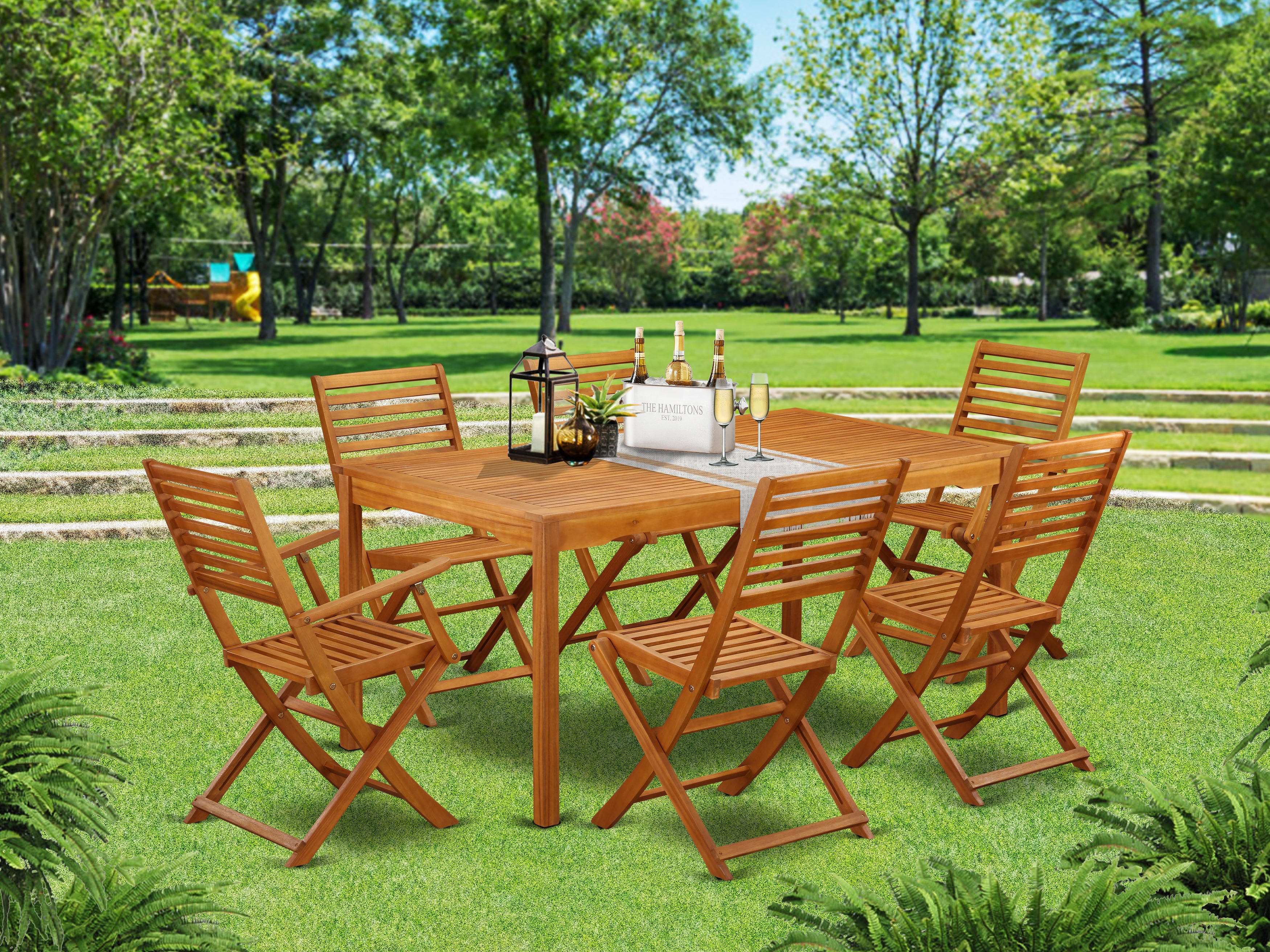 CMBS72CANA This 7 Pc Acacia Hardwood Patio area Sets includes a single Outdoor-Furniture table and 4 side foldable chairs plus 2 arm foldable Outdoor-Furniture chairs