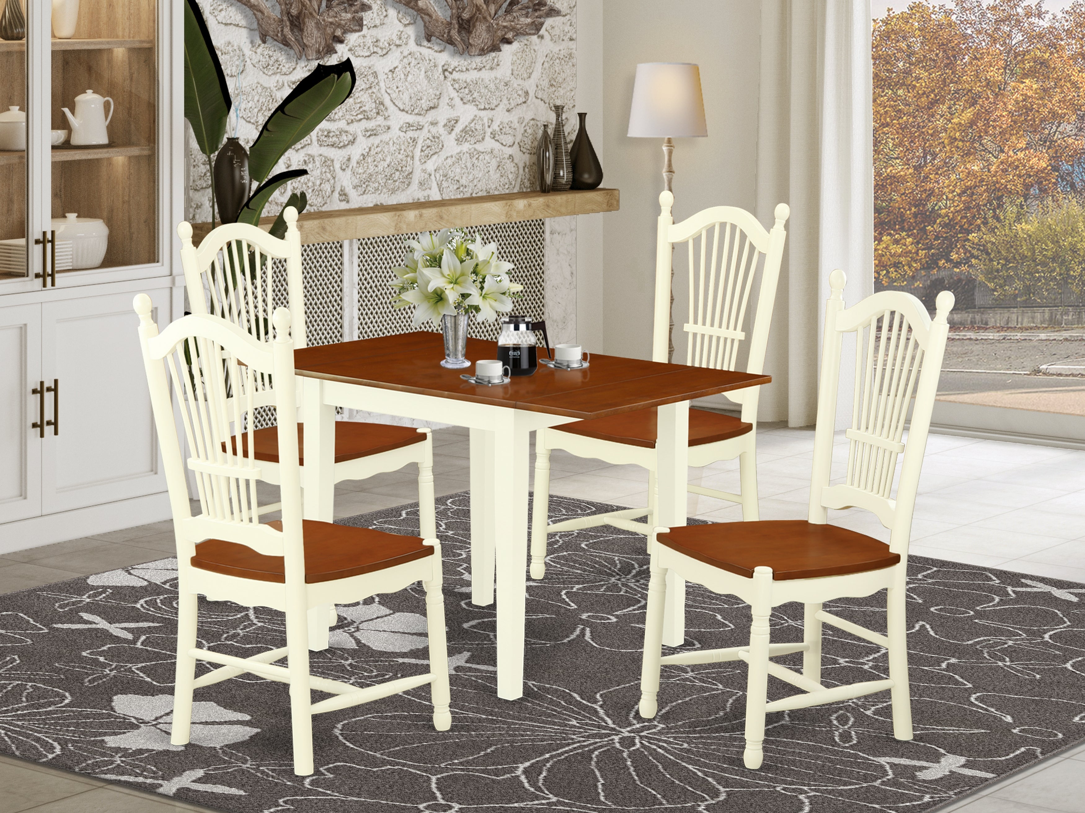 East West Furniture NDDO5-WHI-W Kitchen Table Set 5 Pcs- 4 Excellent Dining Chairs and an Eye-catching Wooden Dining Table - Cherry Finish Solid wood Chair Seat - ButtermilkFinish Wooden Structure.