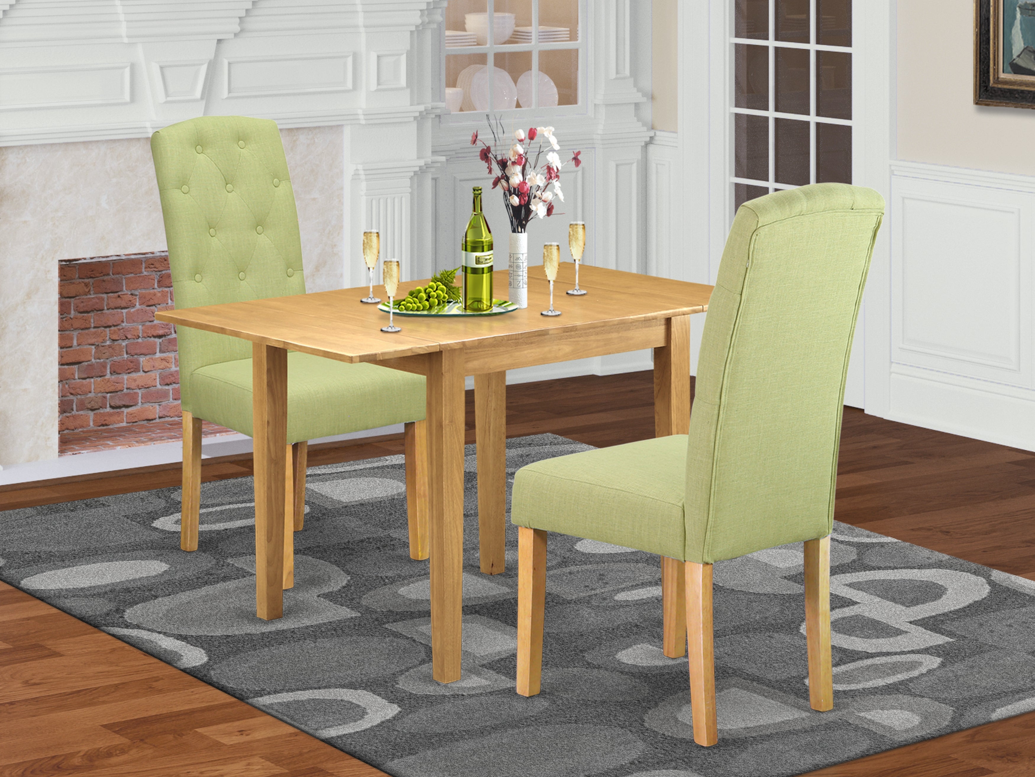 East West Furniture NDCE3-OAK-07 Dining Table Set 3 Pc - 2 Dining Chairs and a Breakfast Table - Oak Finish Solid wood - Lime Green Color Linen Fabric
