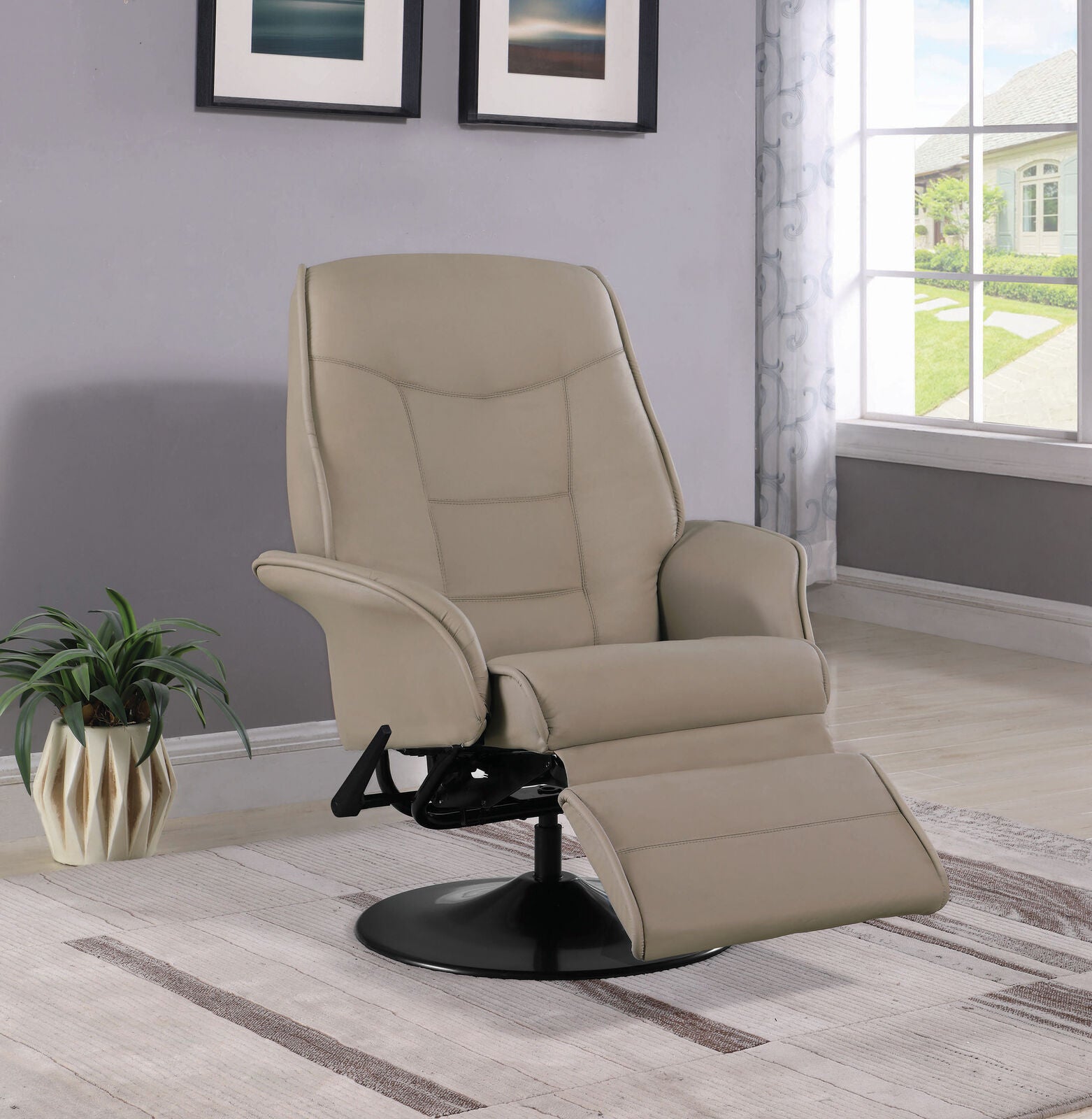 Coaster Swivel Recliner With Leatherette Flared Arm Beige 7502