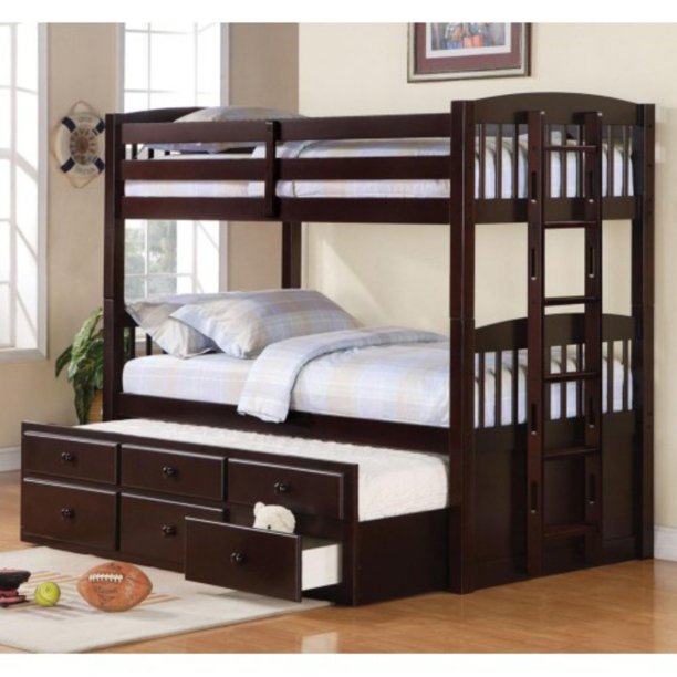 Twin Over Twin Bunk Bed with Trundle and Underbed storage Drawers in Cappuccino