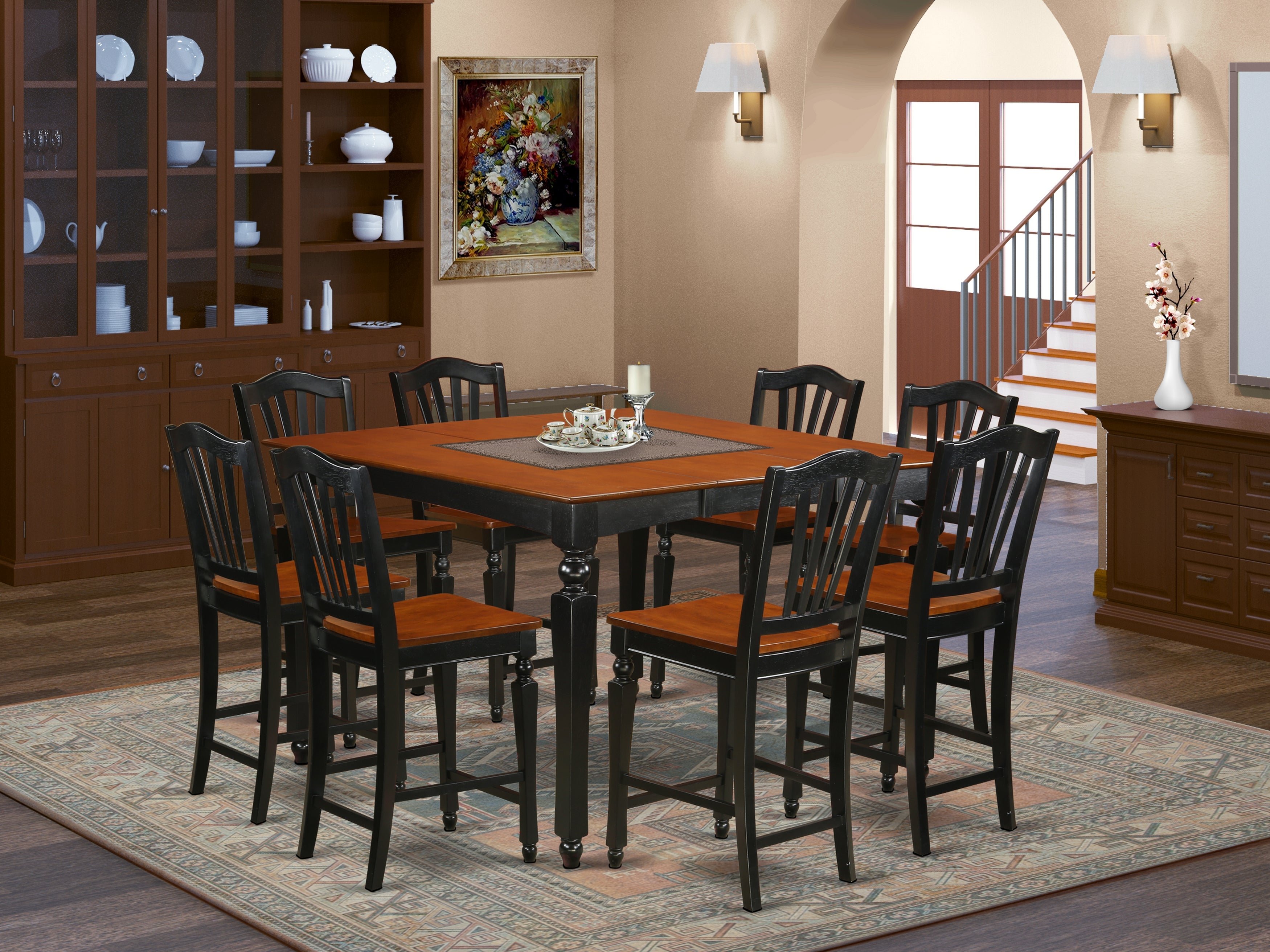 CHEL9-BLK-W 9 PC counter height set- Square pub Table and 8 Stools