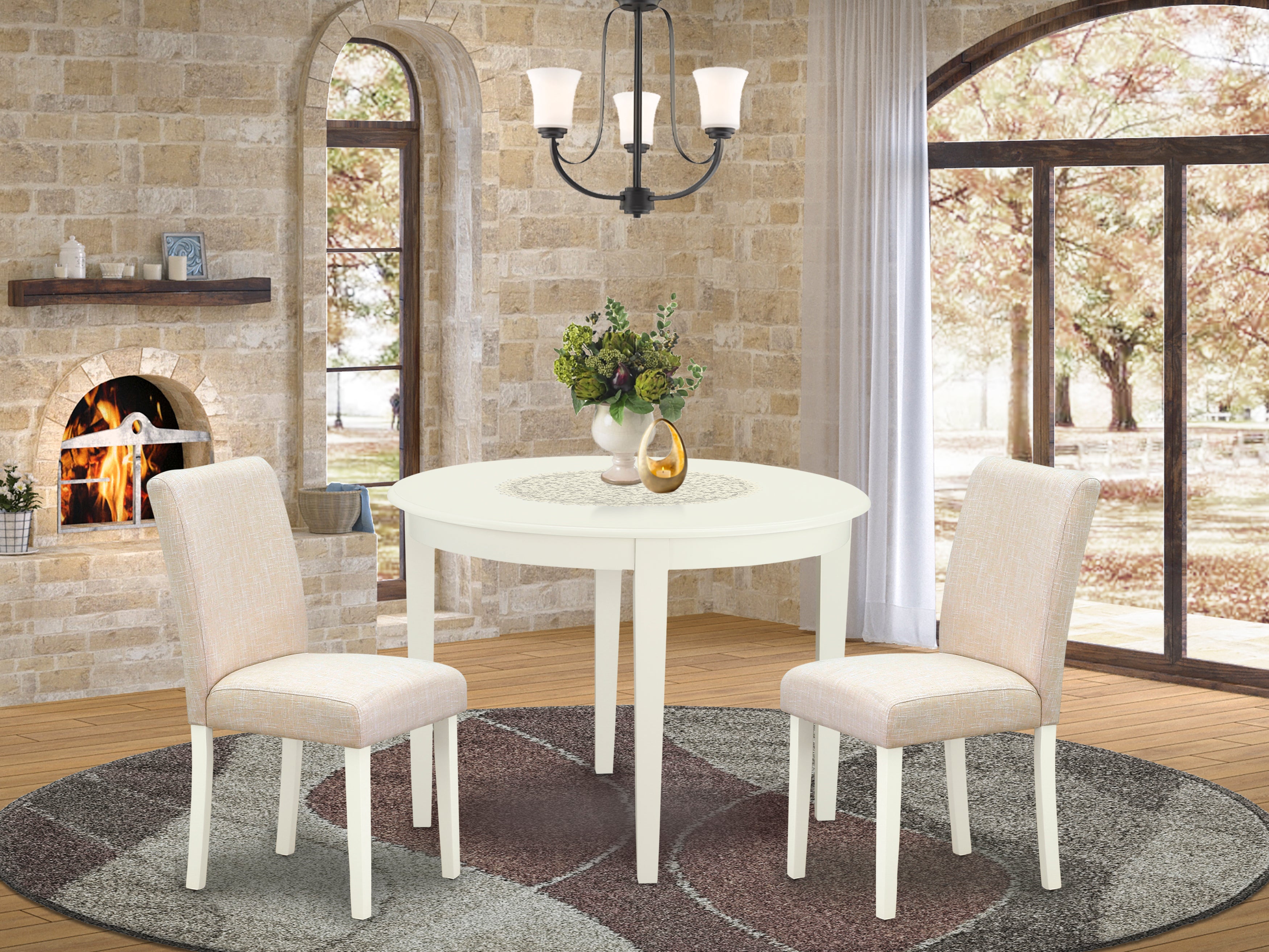 BOAB3-LWH-02 3Pc Round 42" Table And Two Parson Chair With Linen White Leg And Linen Fabric Light Beige