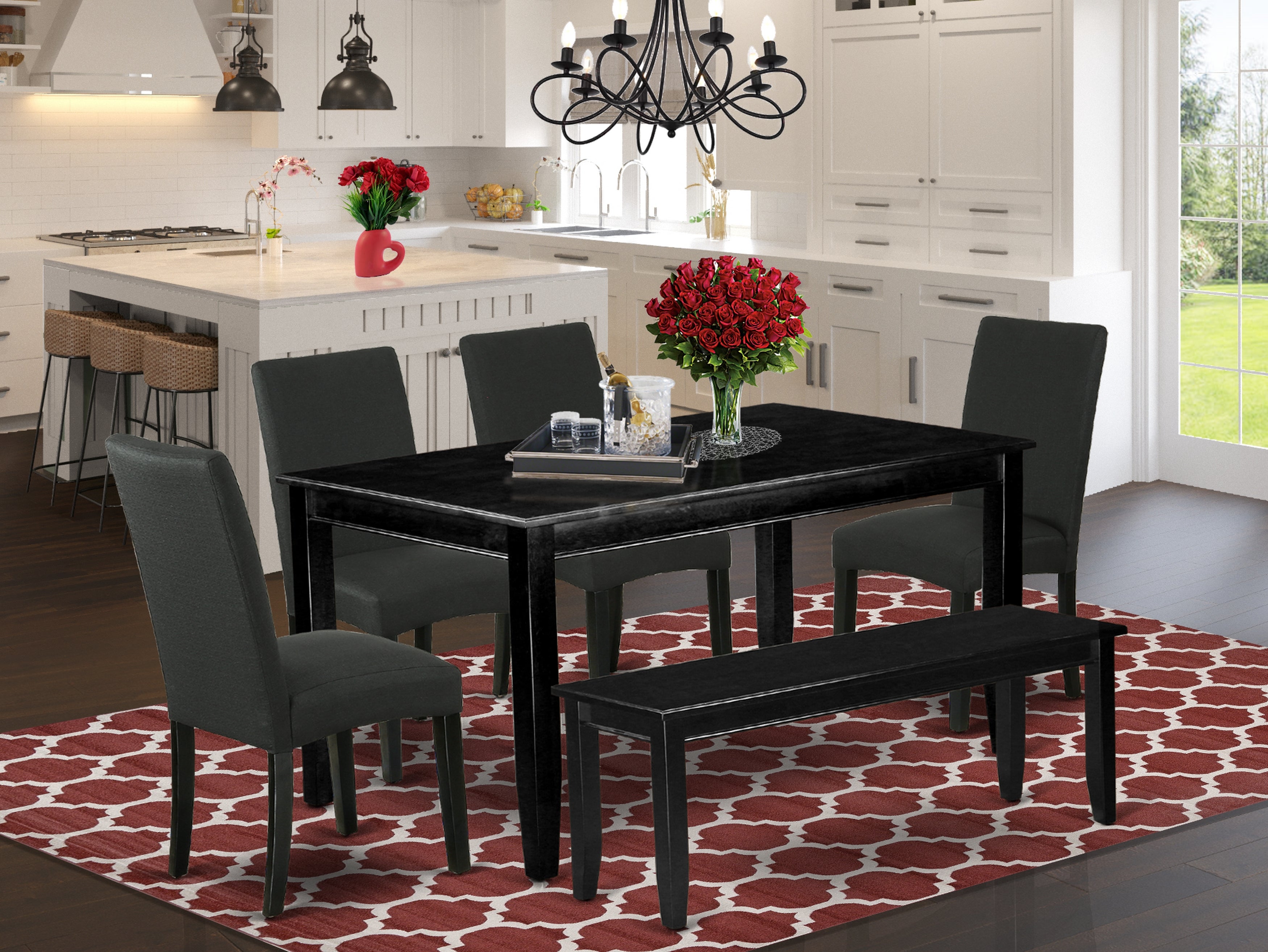 DUDR6-BLK-24 6Pc Rectangular 60 Inch Dining Table And Four Parson Chair With Black Finish Leg And Linen Fabric- Black Color Plus 1 Bench