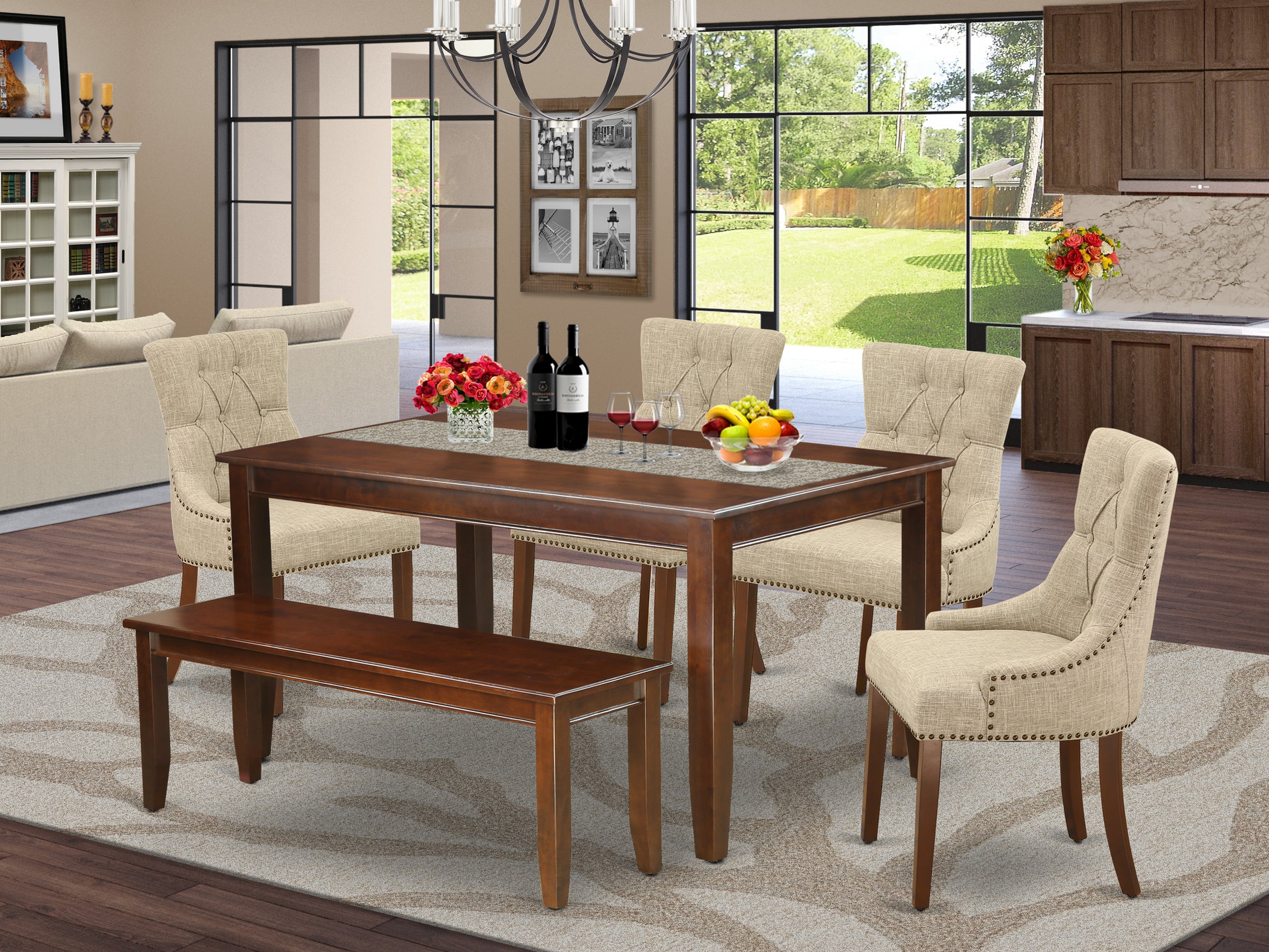 CAFR6-MAH-05 6Pc Dining Set Includes a Rectangle Dinette Table, Four Parson Chairs with Doeskin Fabric and a Bench, Mahogany Finish