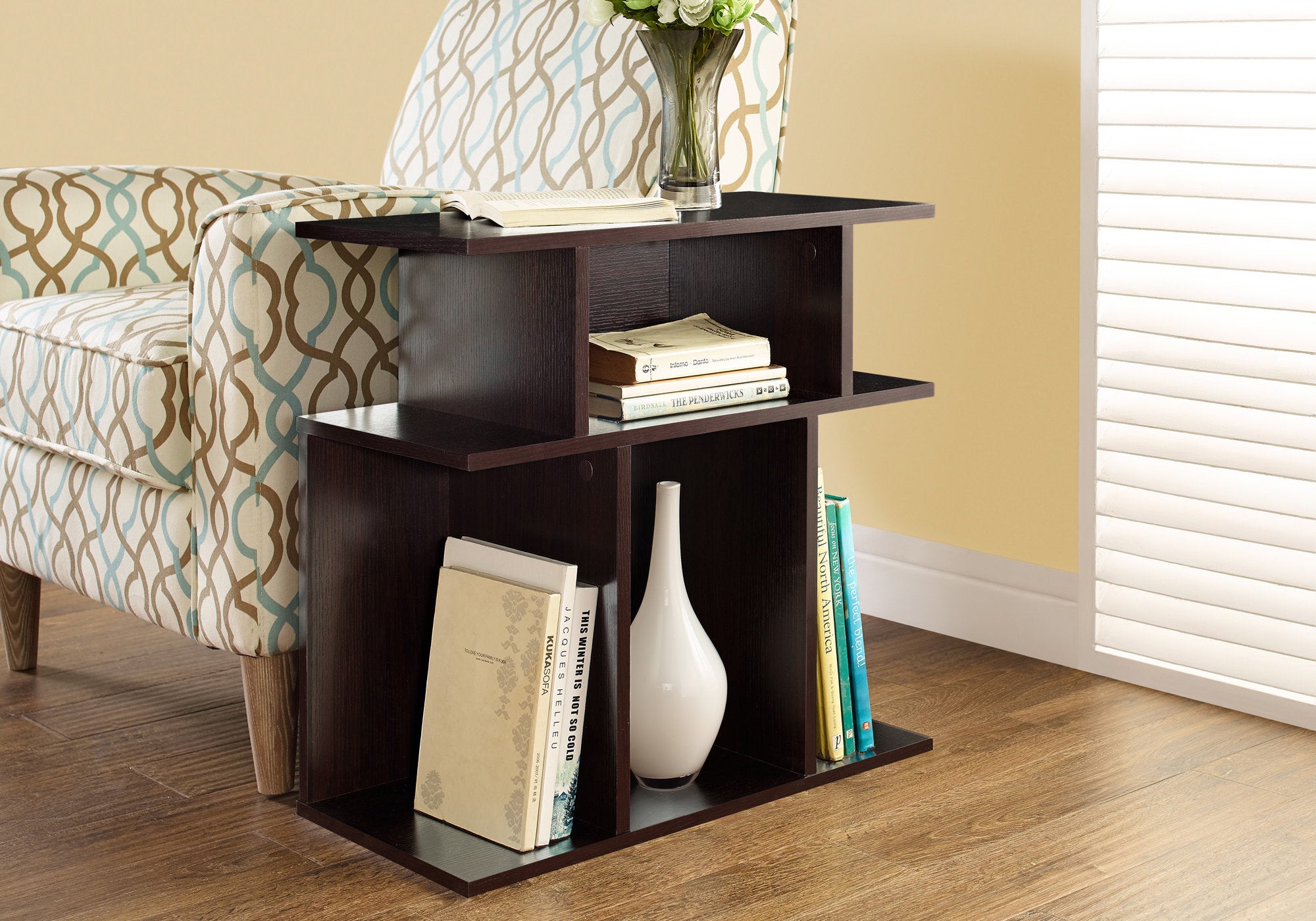 Espresso Contemporary Accent End side Table with Shelves