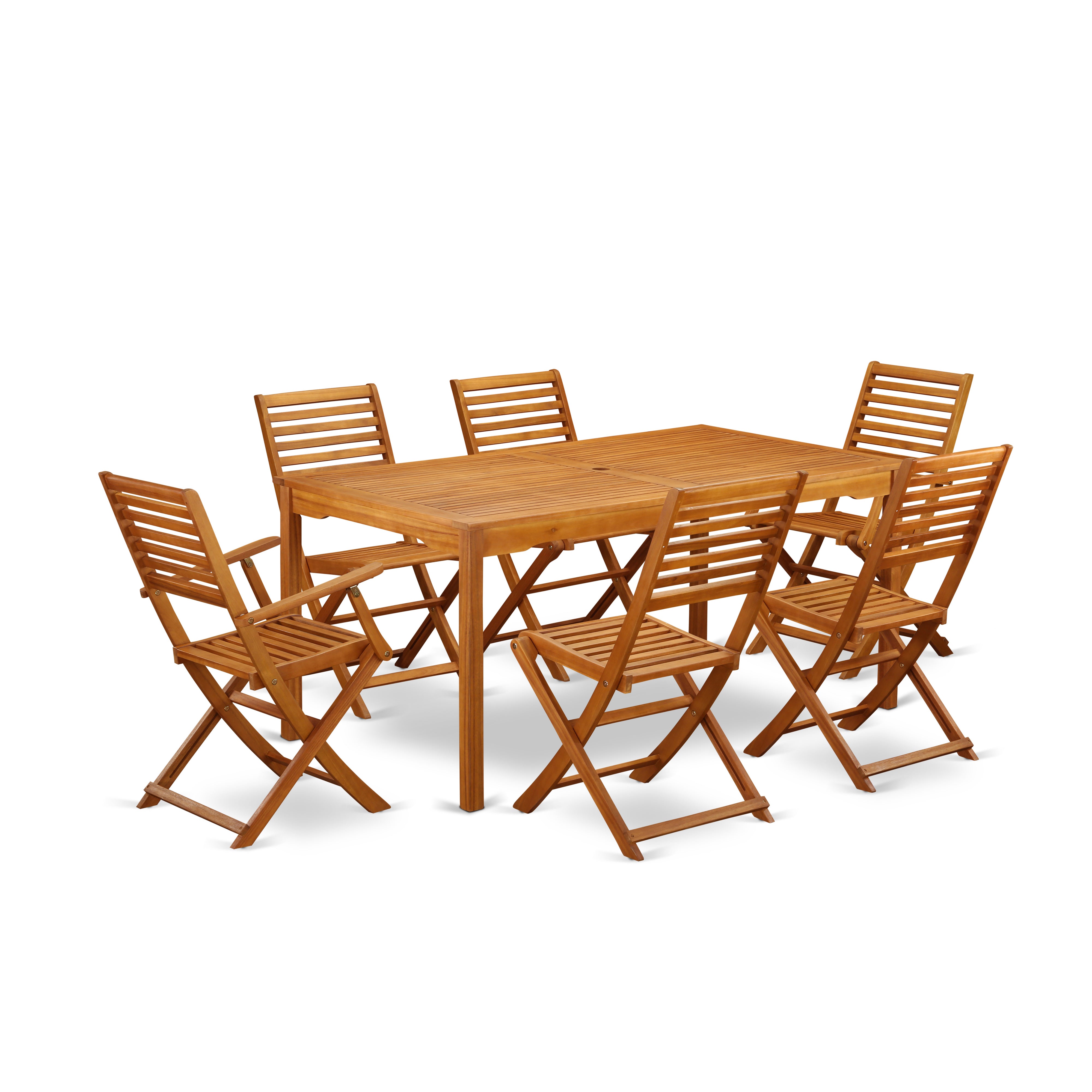 CMBS72CANA This 7 Pc Acacia Hardwood Patio area Sets includes a single Outdoor-Furniture table and 4 side foldable chairs plus 2 arm foldable Outdoor-Furniture chairs