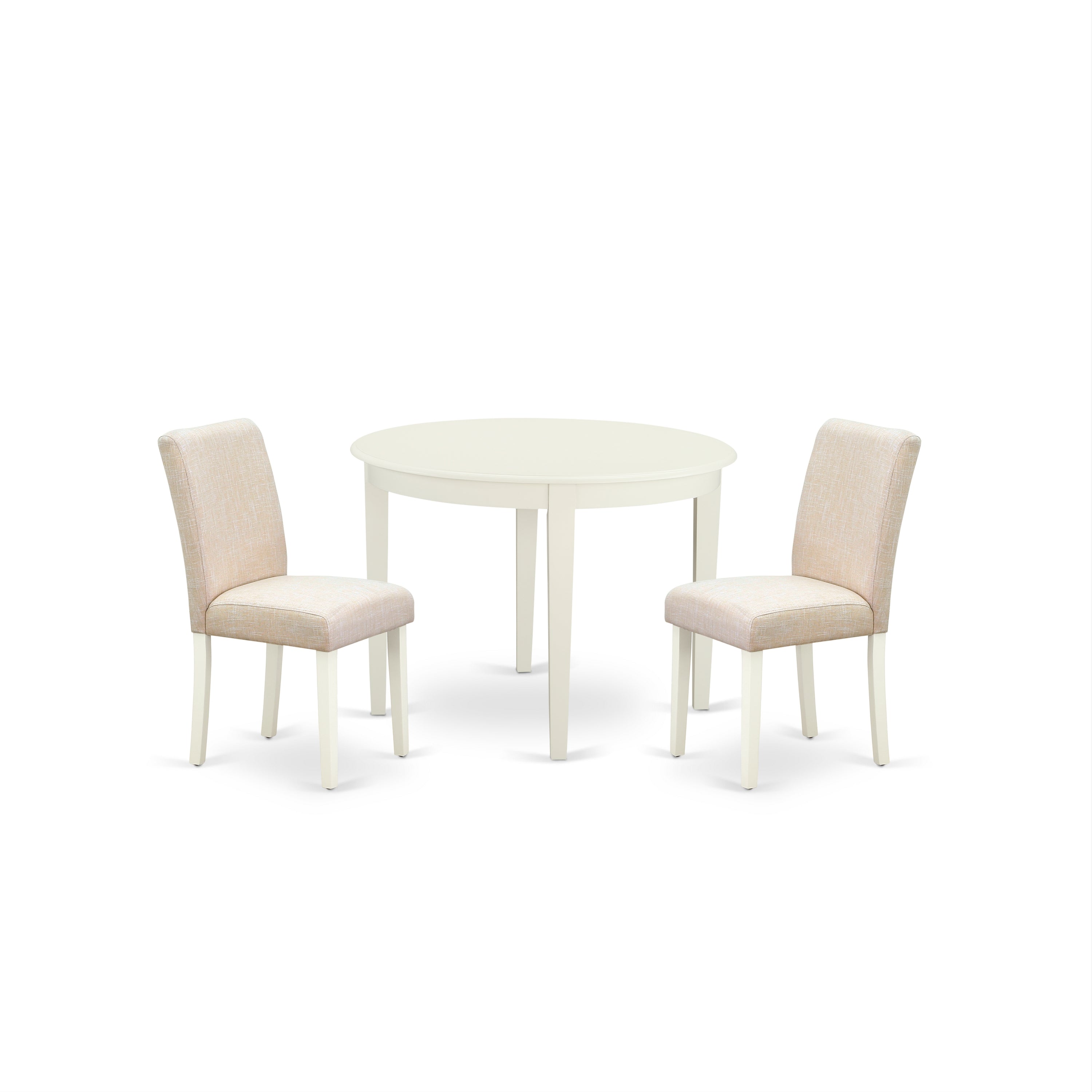 BOAB3-LWH-02 3Pc Round 42" Table And Two Parson Chair With Linen White Leg And Linen Fabric Light Beige