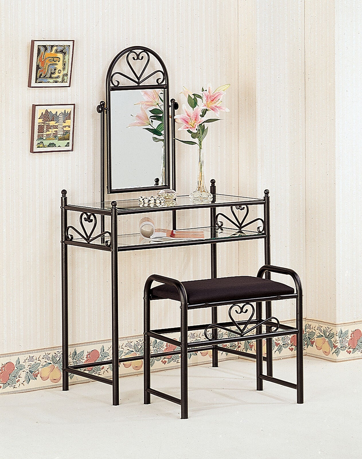 Coaster 2-Piece Heart Shape Metal Vanity Set With Glass Top and Shelf Black 2432