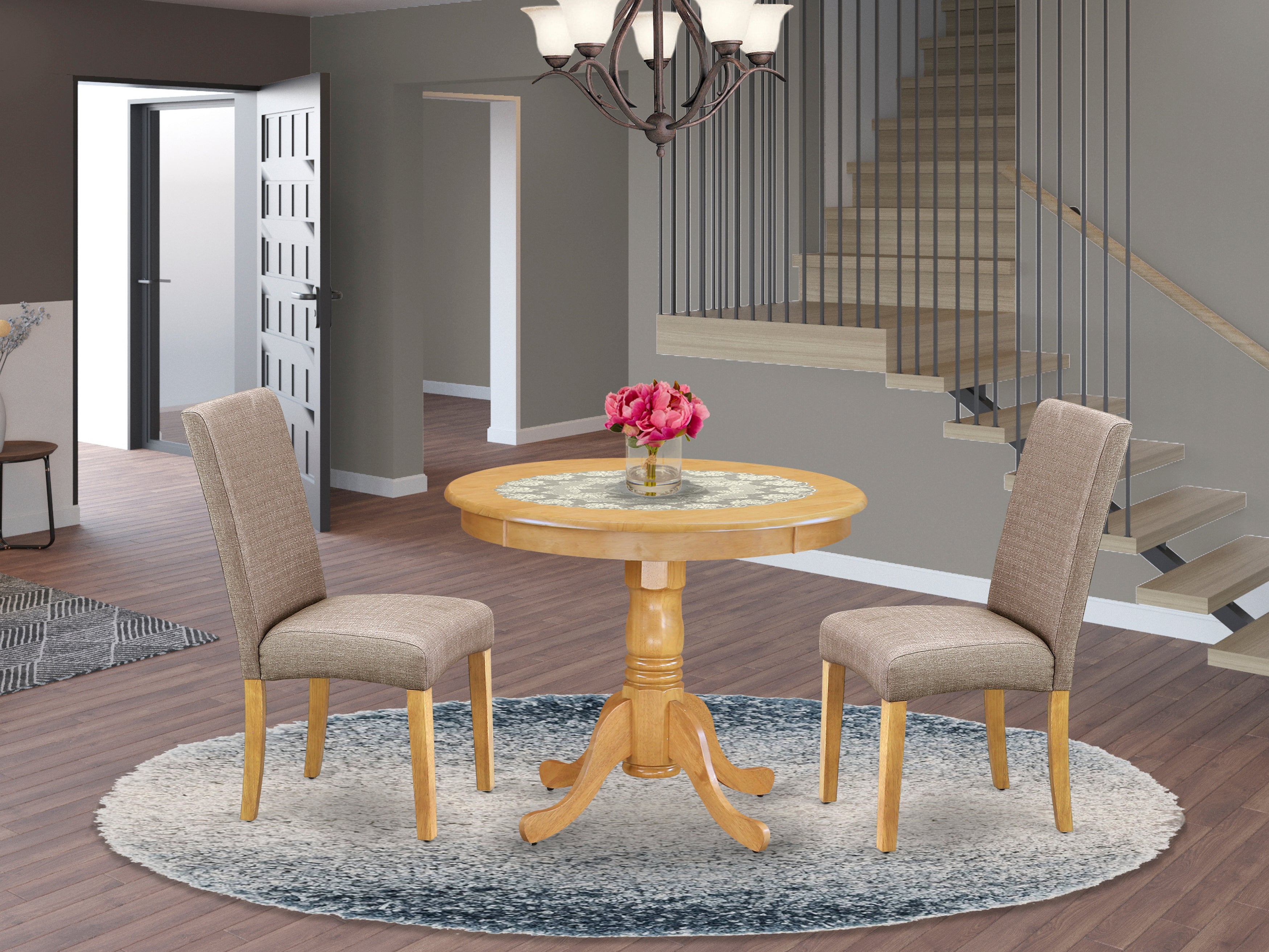 ANDR3-OAK-16 3Pc Round 36" Table And A Pair Of Parson Chair With Oak Finish Leg And Linen Fabric- Dark Khaki Color