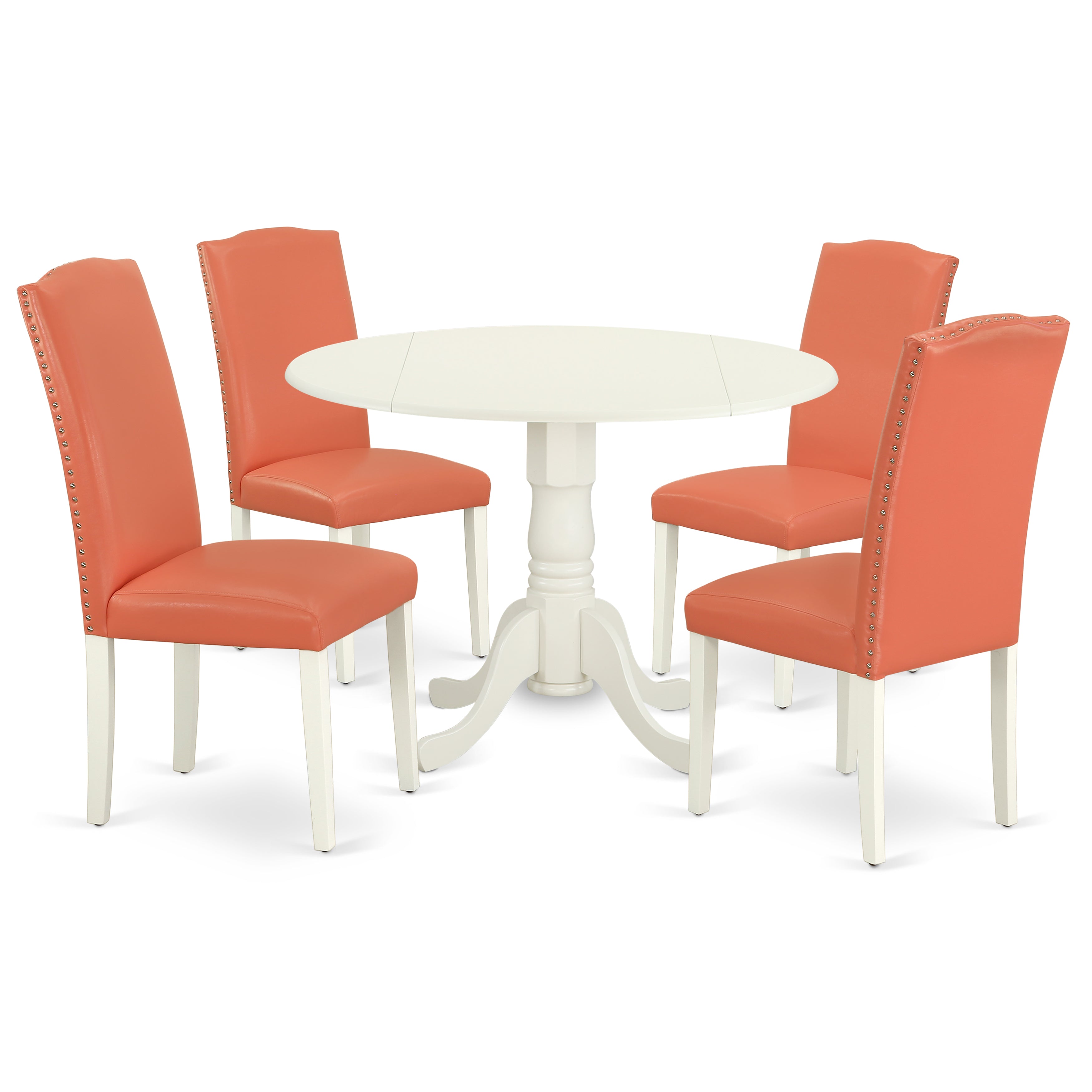 DLEN5-LWH-78 5Pc Round 42" Kitchen Table With Two 9-Inch Drop Leaves And Four Parson Chair With Linen White Leg And Pu Leather Color Pink Flamingo