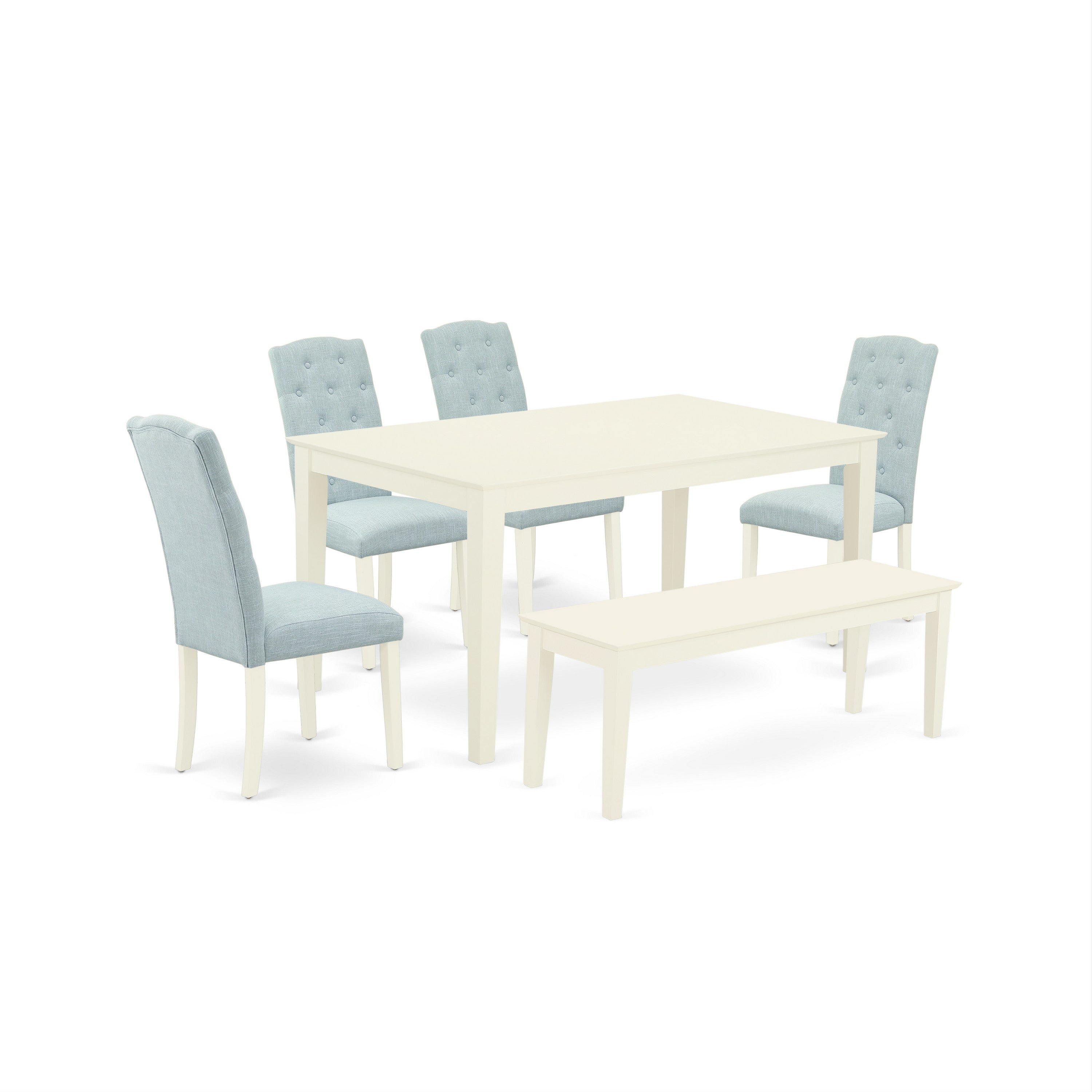 CACE6-LWH-15 6Pc Dining Set Includes a Rectangle Dinette Table and Four Parson Chairs with Baby Blue Fabric and a Bench, Linen White Finish