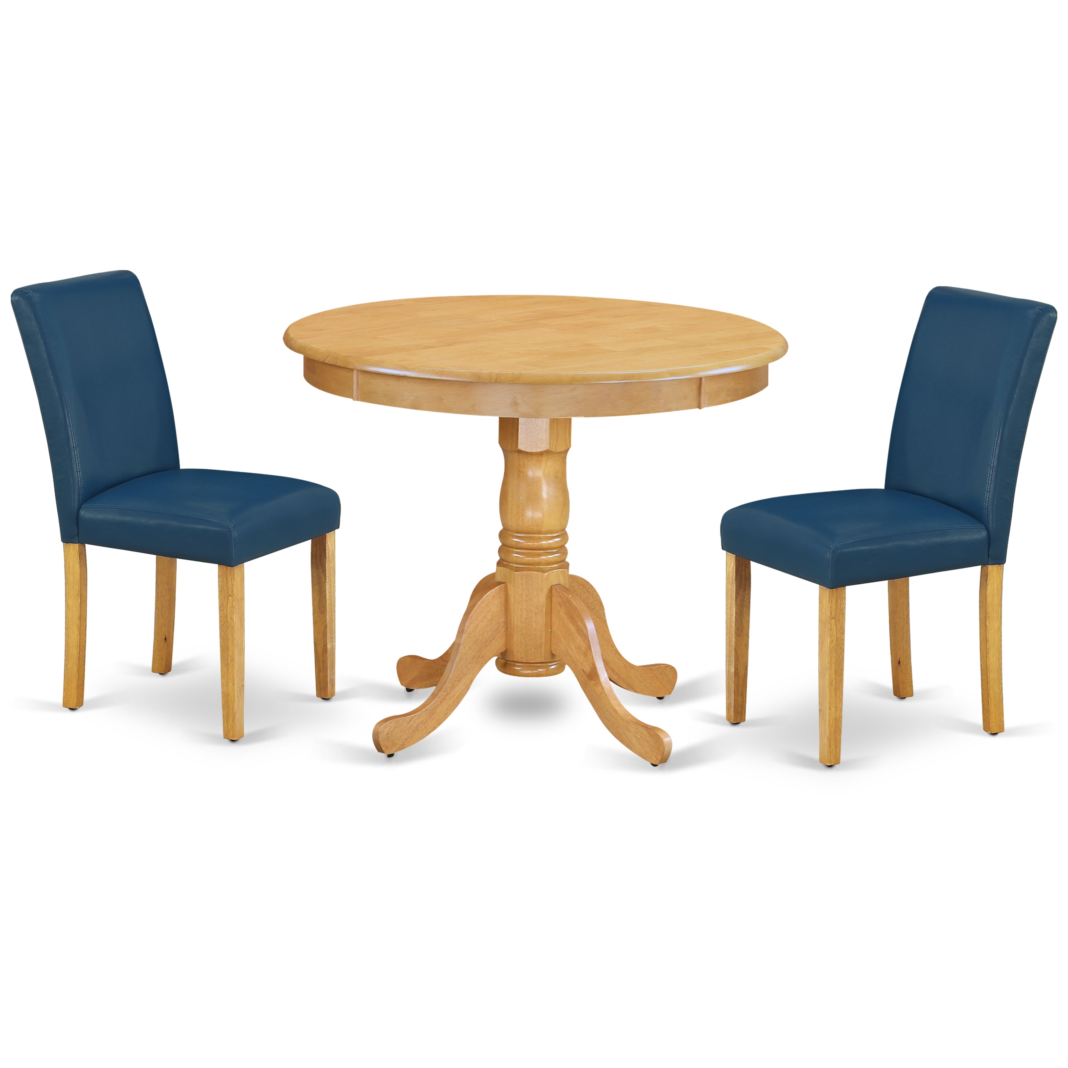 ANAB3-OAK-55 3Pc Rounded 36 Inch Dinette Table And Two Parson Chair With Oak Leg And Pu Leather Color Oasis