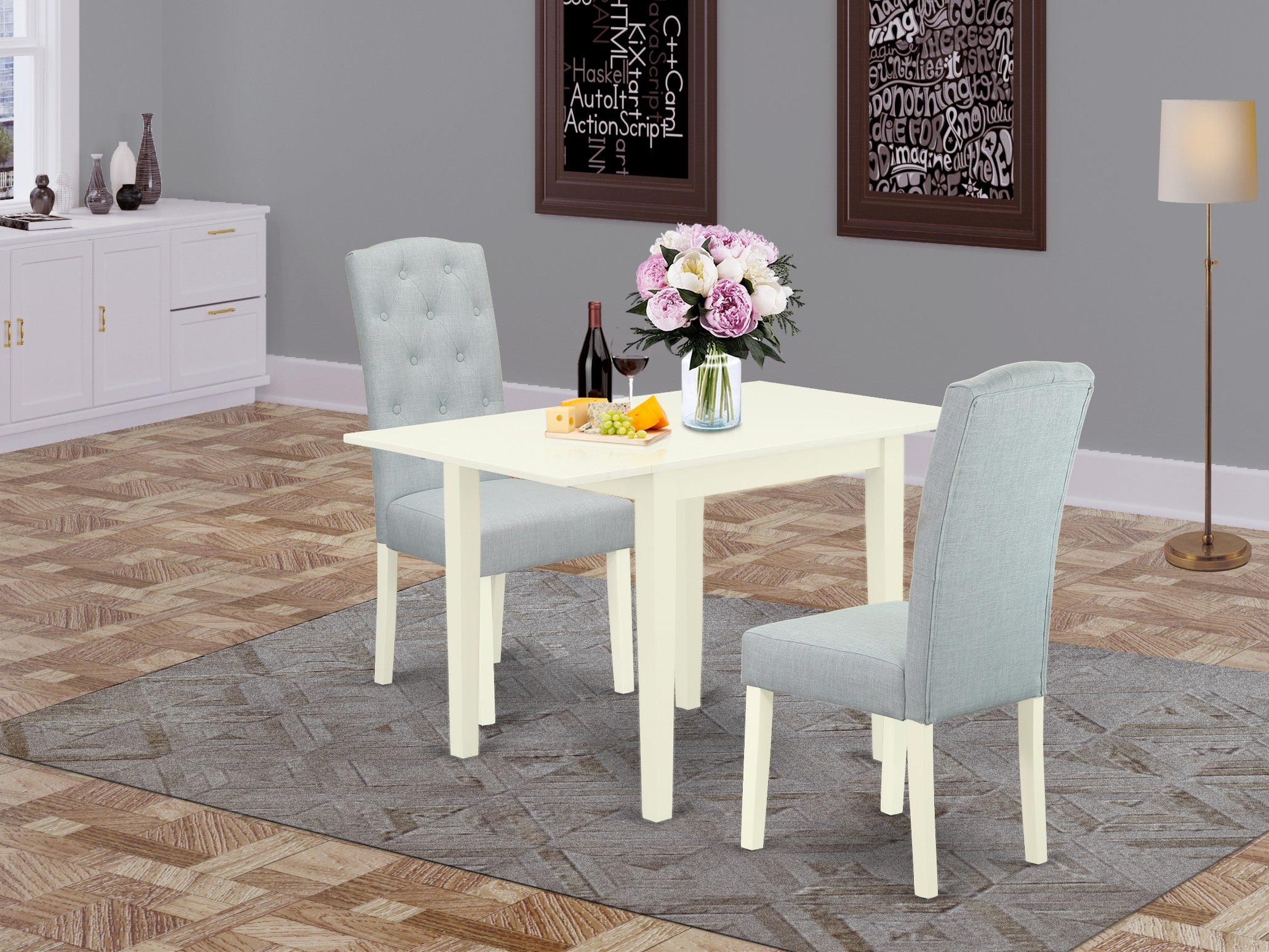 East West Furniture NDCE3-LWH-15 Wooden Dining Table Set 3 Pc - Two Parson Dining Chairs and a Wood Table - Linen White Finish Wood - Baby Blue Color Linen Fabric