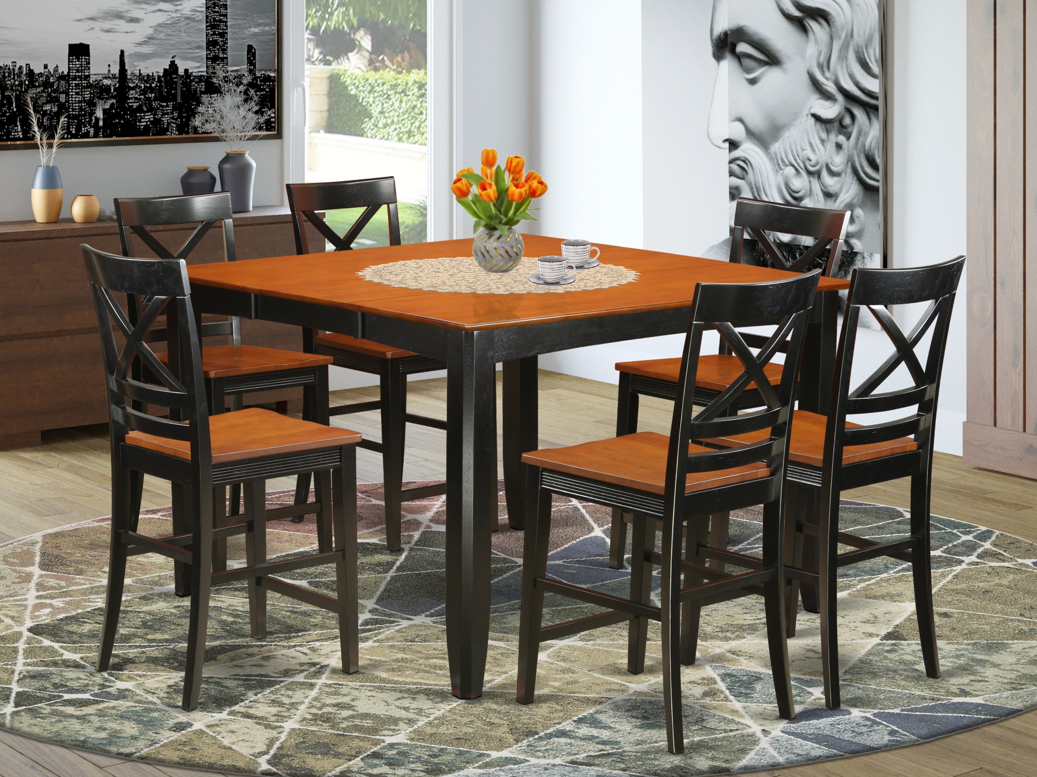 FAQU7H-BLK-W 7 Pc counter height Dining room set - Dining Table and 6 Kitchen bar stool.