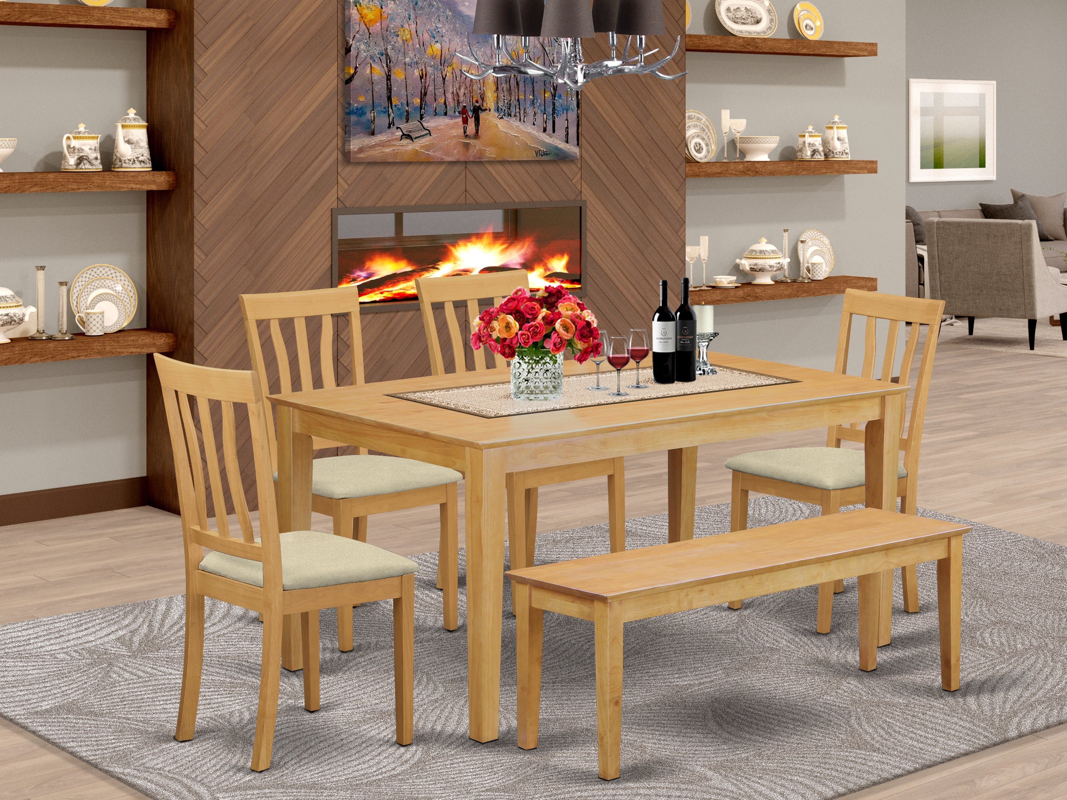 CAAN6-OAK-C 6 Pc Table and chair set - Kitchen Table and 4 Kitchen Chairs plus Wooden bench