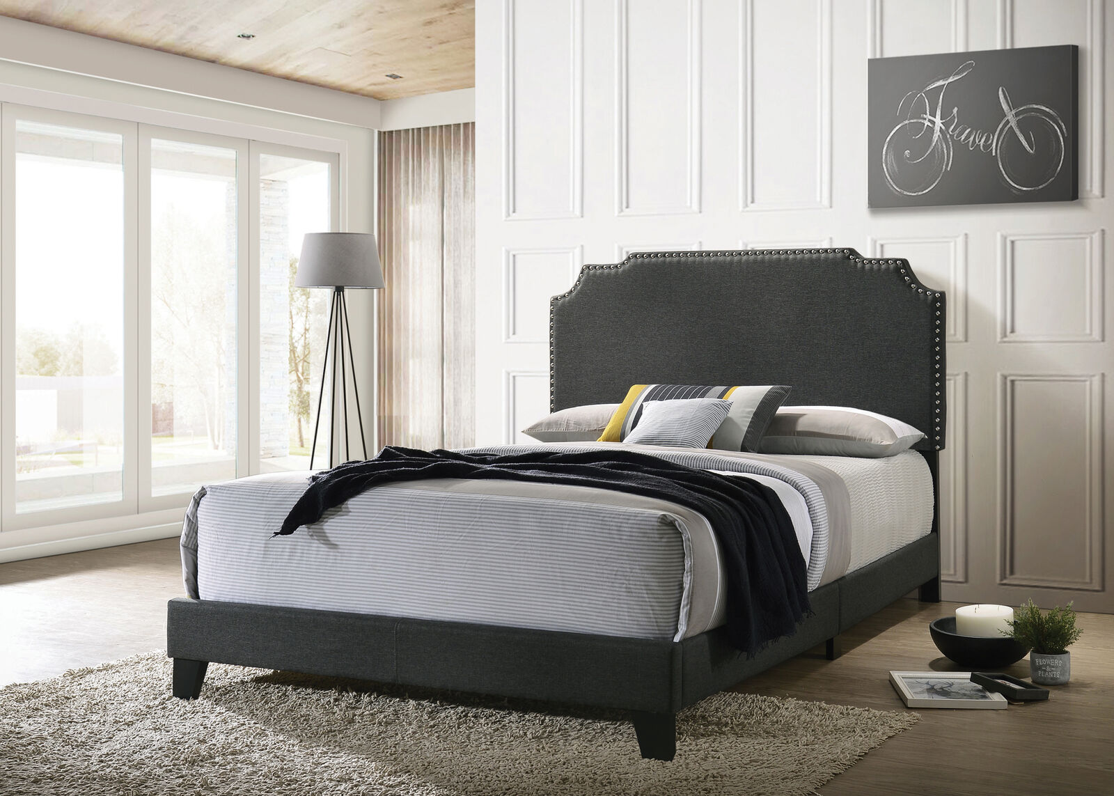 Tamarac Platform Upholstered Nailhead Queen Bed Frame Headboard Grey 310063Q