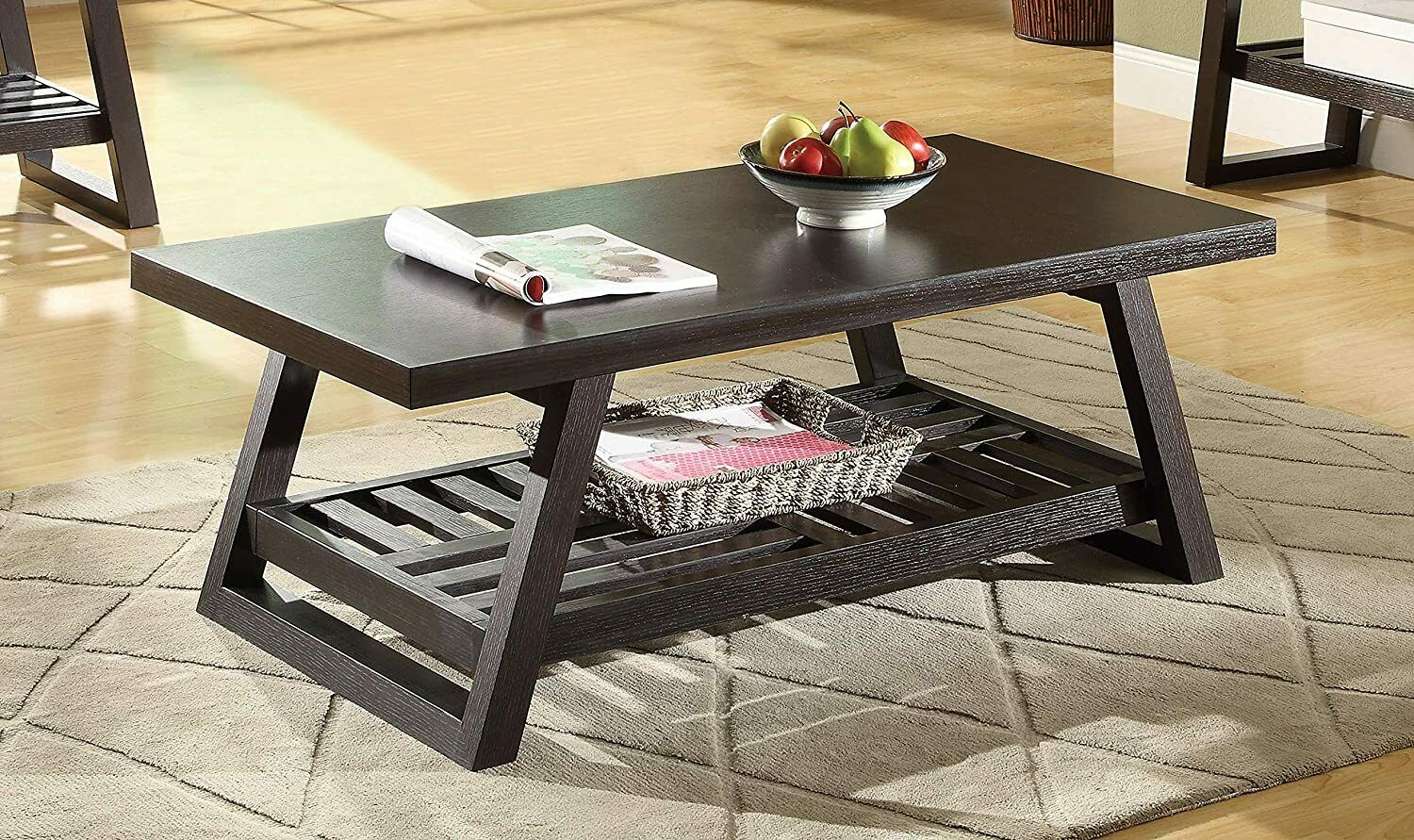 Modern Coffee Table with Slatted Bottom Shelf Cappuccino