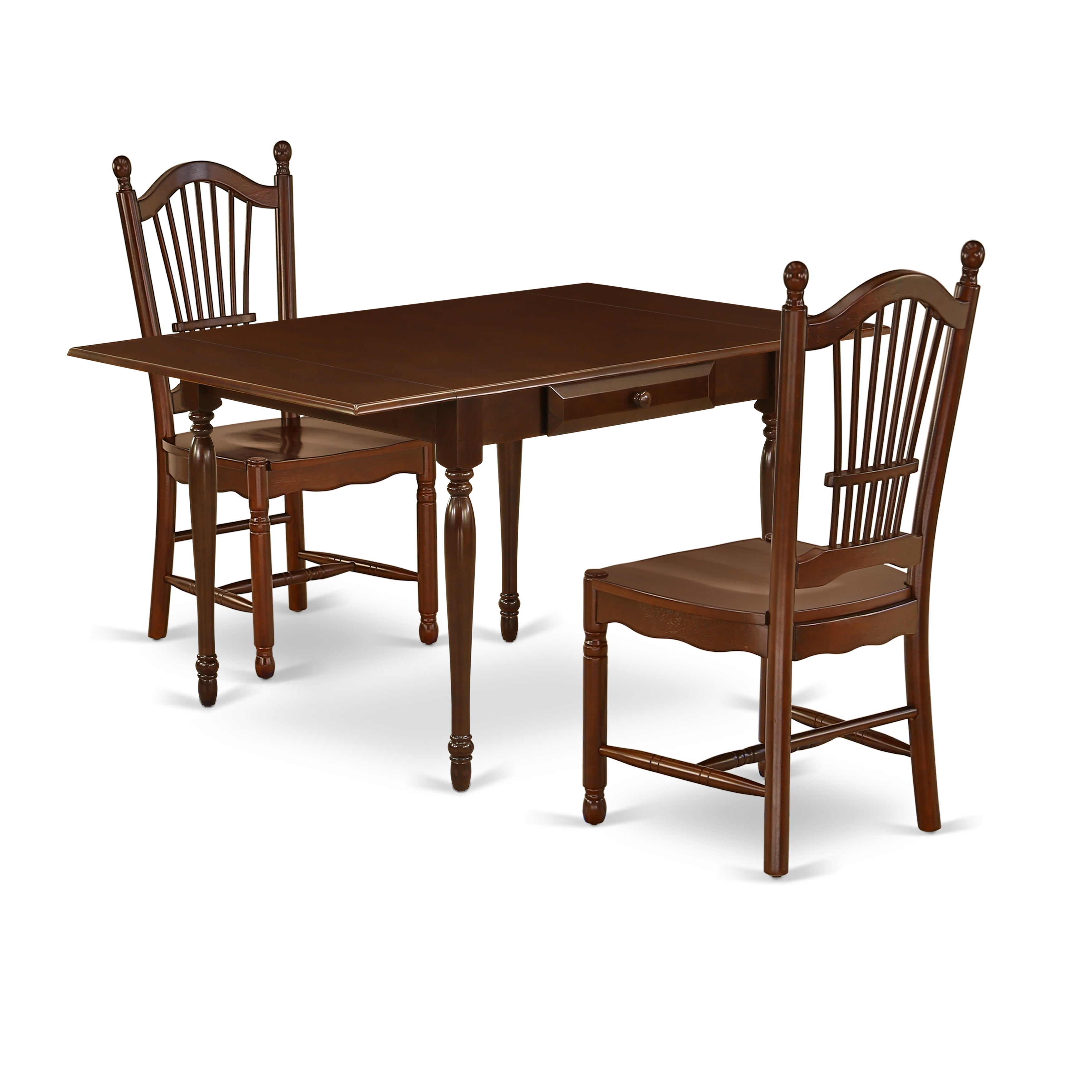 East West Furniture MZDO3-MAH-W 3Pc Dinette Set Contains a Wood Dining Table and 2 Wood Dining Chairs with Wooden Seat, Drop Leaf Table with Panel Back Chairs, Mahogany Finish