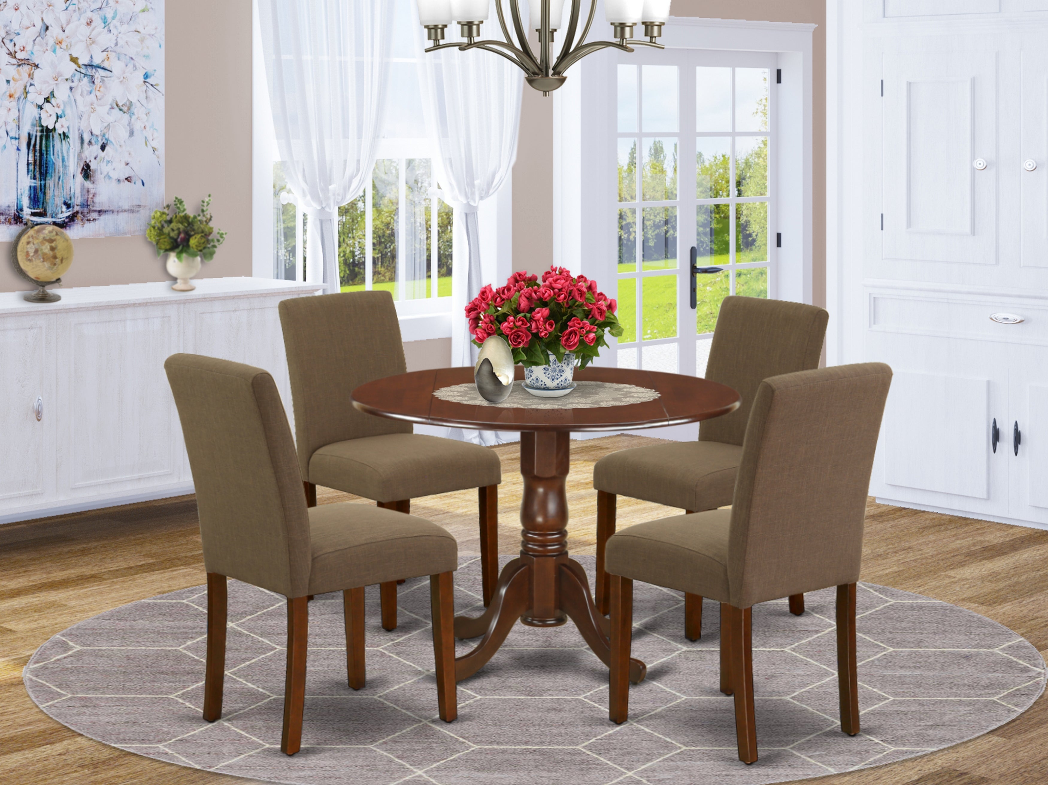 DLAB5-MAH-18 5Pc Round 42" Kitchen Table With Two 9-Inch Drop Leaves And Four Parson Chair With Mahogany Leg And Linen Fabric Coffee